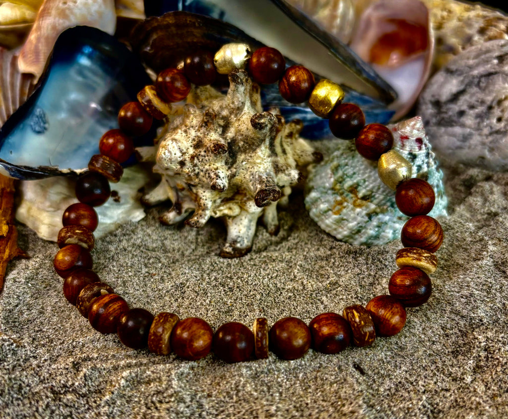 Nomad Spirit Bracelet - Natural Wood, Coconut & Ethiopian Brass Bracelet (8" Large Wrists)