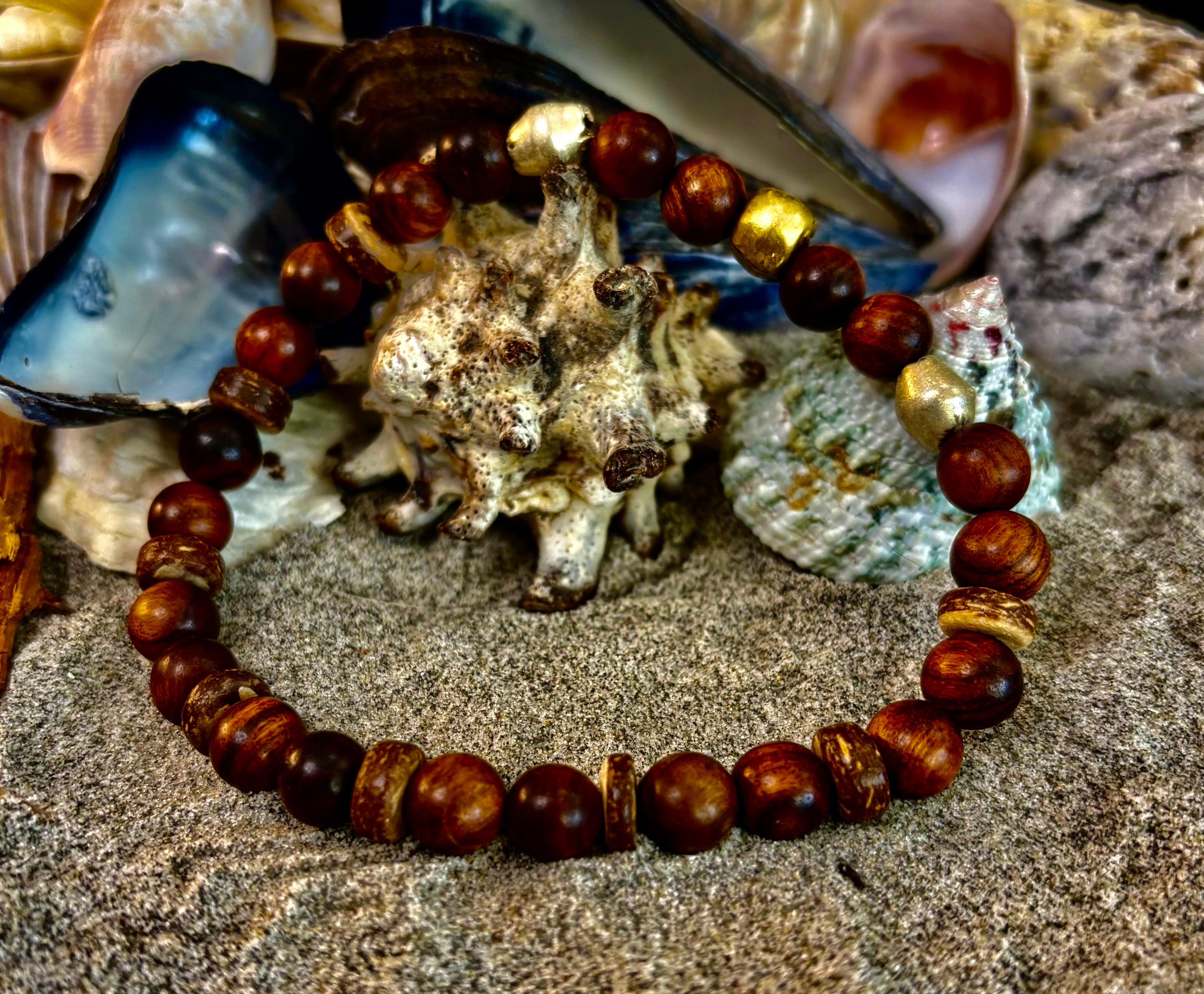 Nomad Spirit Bracelet - Natural Wood, Coconut & Ethiopian Brass Bracelet (8" Large Wrists)