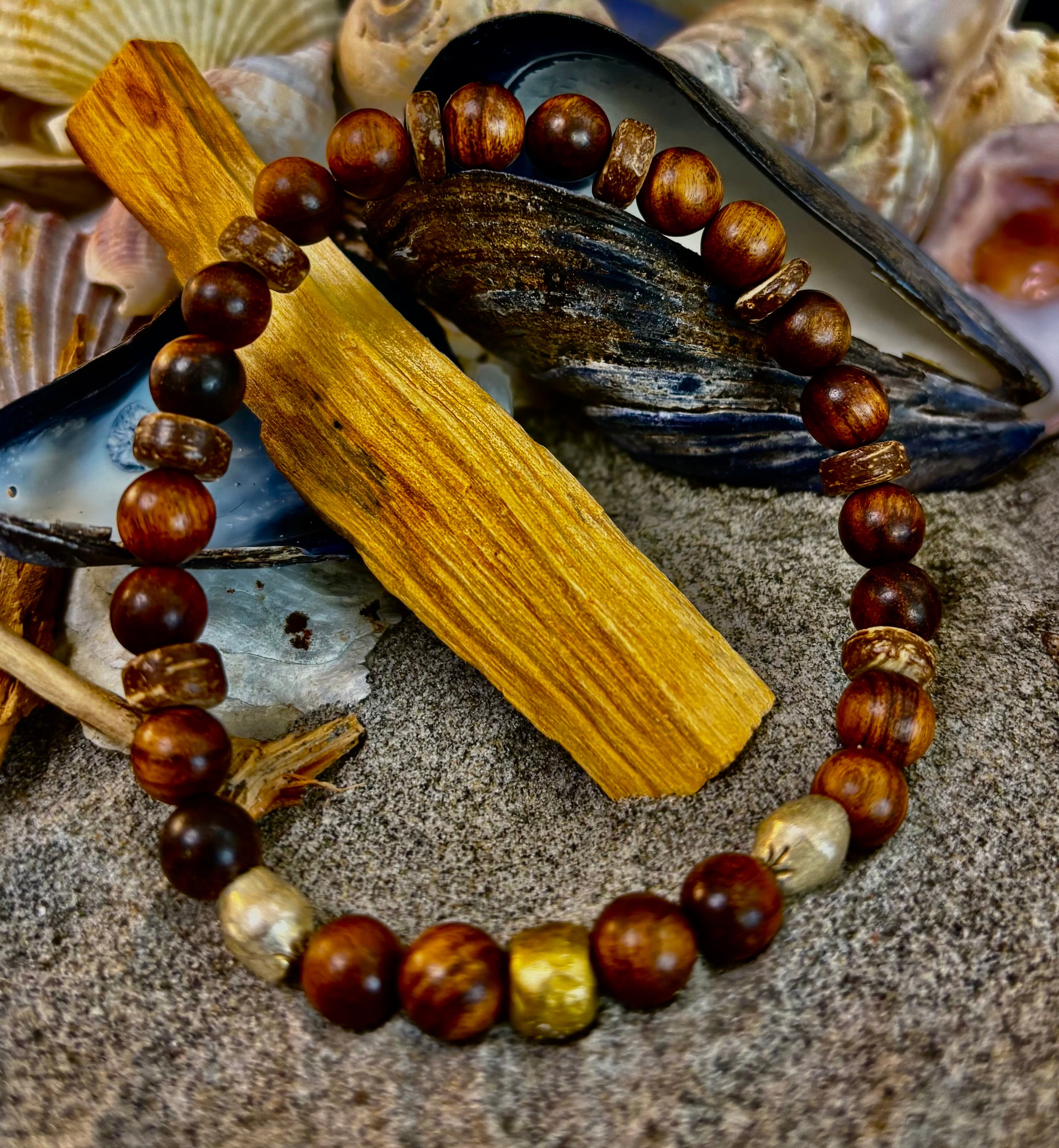 Nomad Spirit Bracelet - Natural Wood, Coconut & Ethiopian Brass Bracelet (8" Large Wrists)