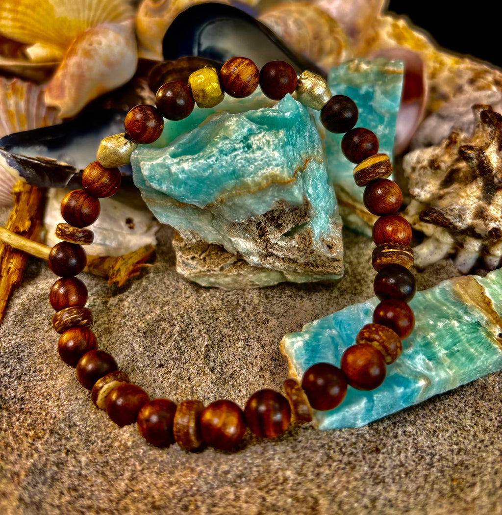 Nomad Spirit Bracelet - Natural Wood, Coconut & Ethiopian Brass Bracelet (8" Large Wrists)