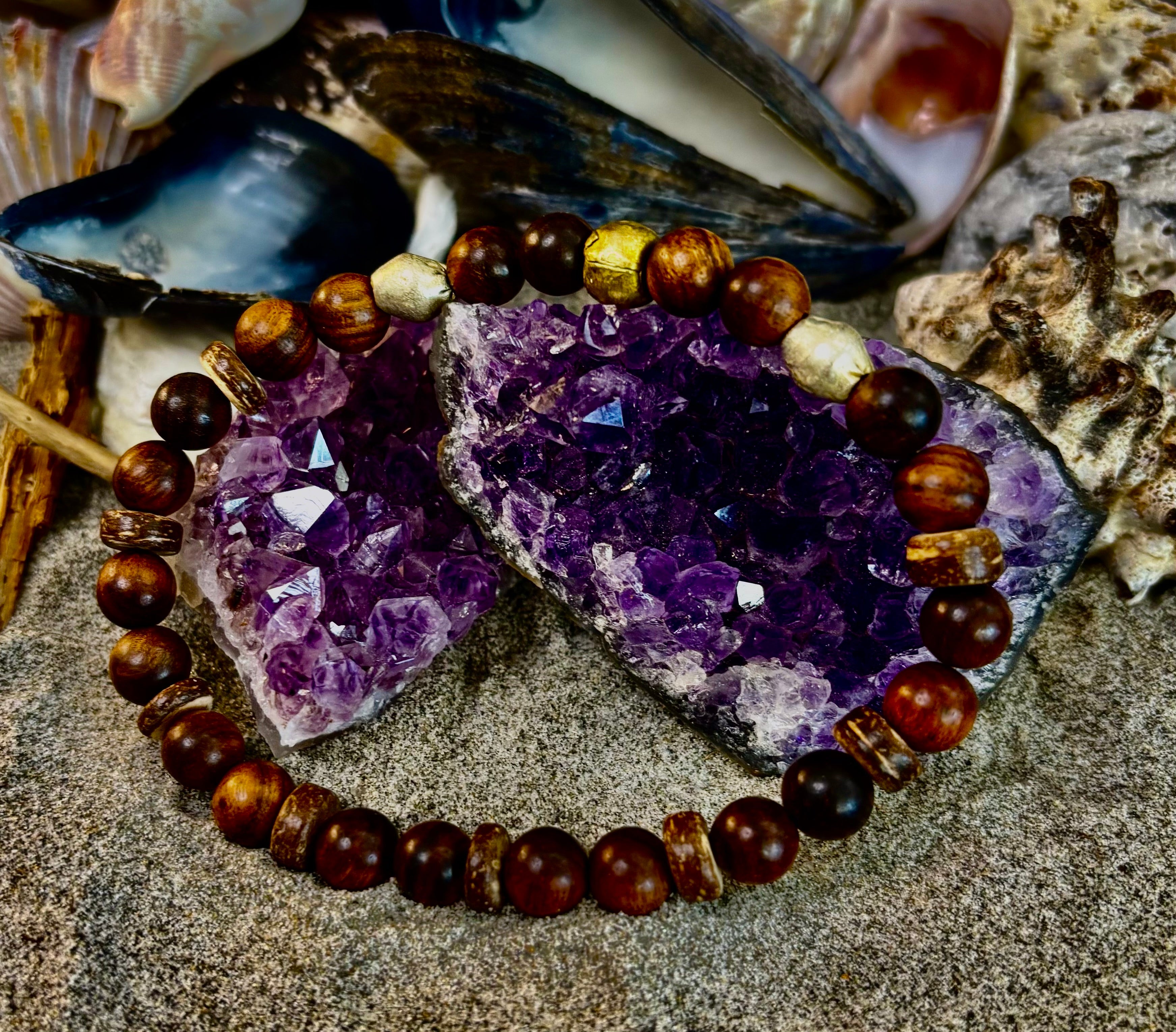 Nomad Spirit Bracelet - Natural Wood, Coconut & Ethiopian Brass Bracelet (8" Large Wrists)