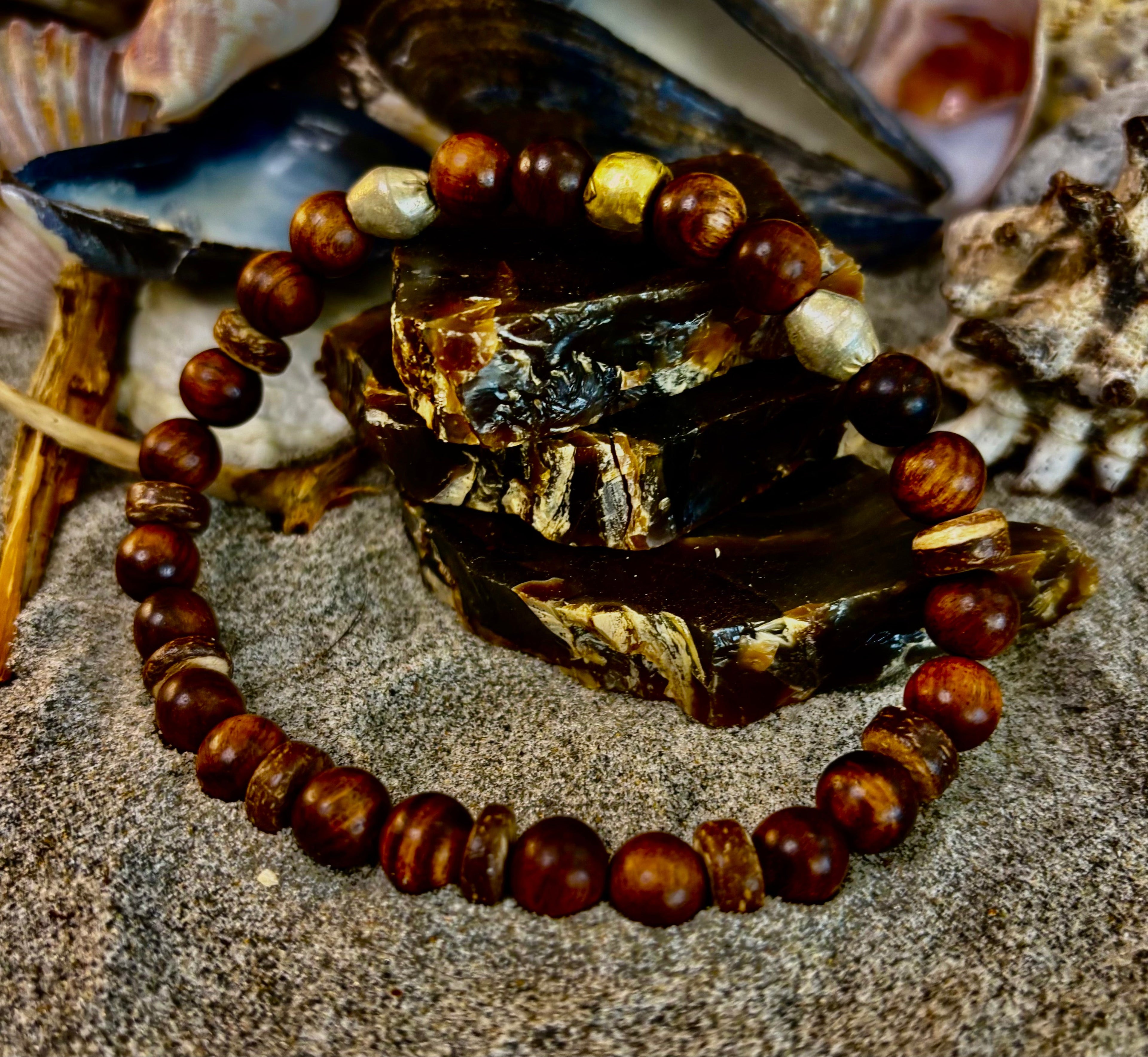 Nomad Spirit Bracelet - Natural Wood, Coconut & Ethiopian Brass Bracelet (8" Large Wrists)