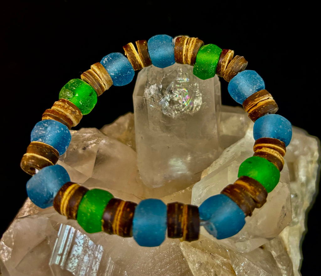 Boardwalk Breeze Bracelet - Recycled Glass & Natural Wood Stretch Bracelet