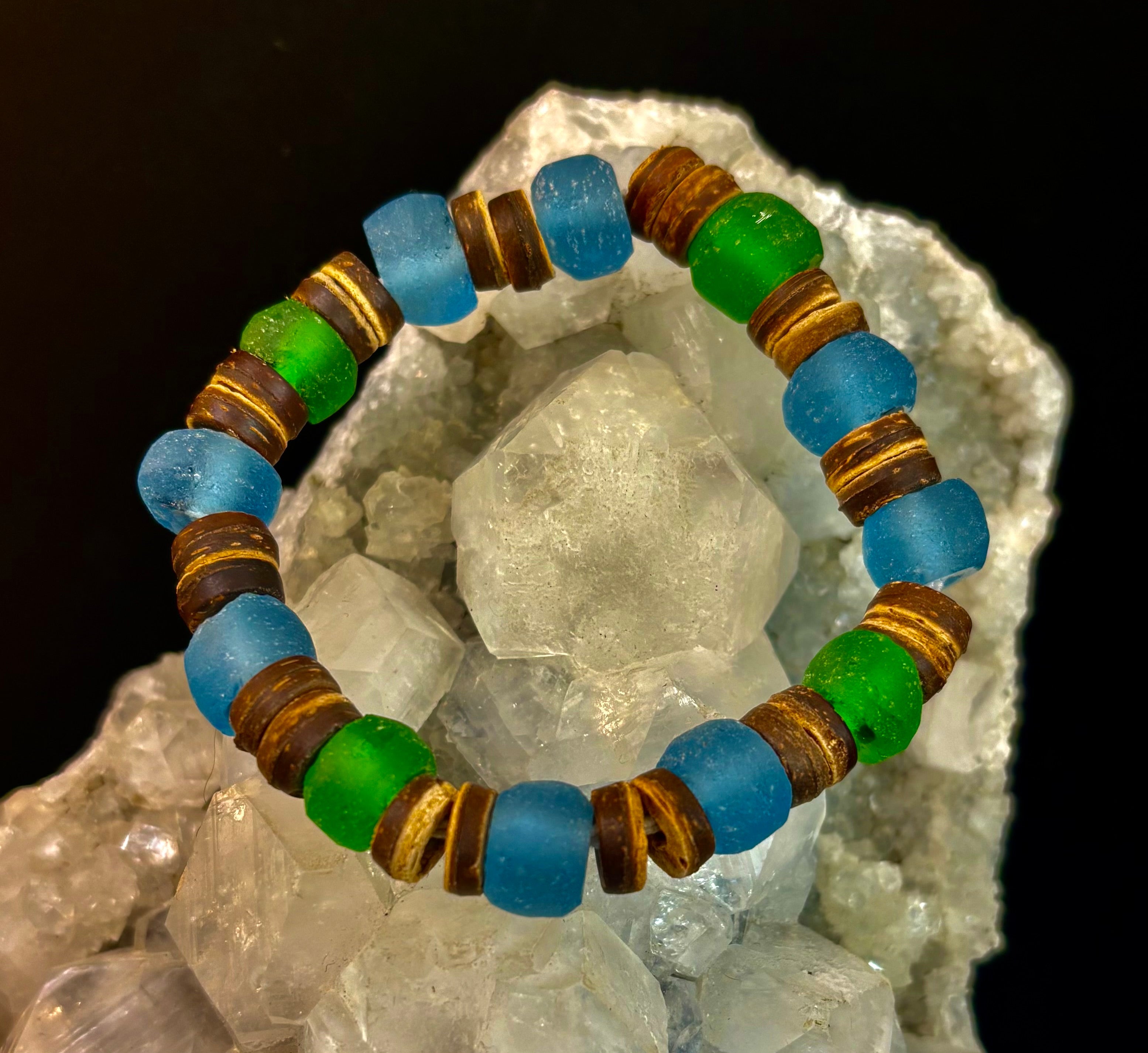 Boardwalk Breeze Bracelet - Recycled Glass & Natural Wood Stretch Bracelet