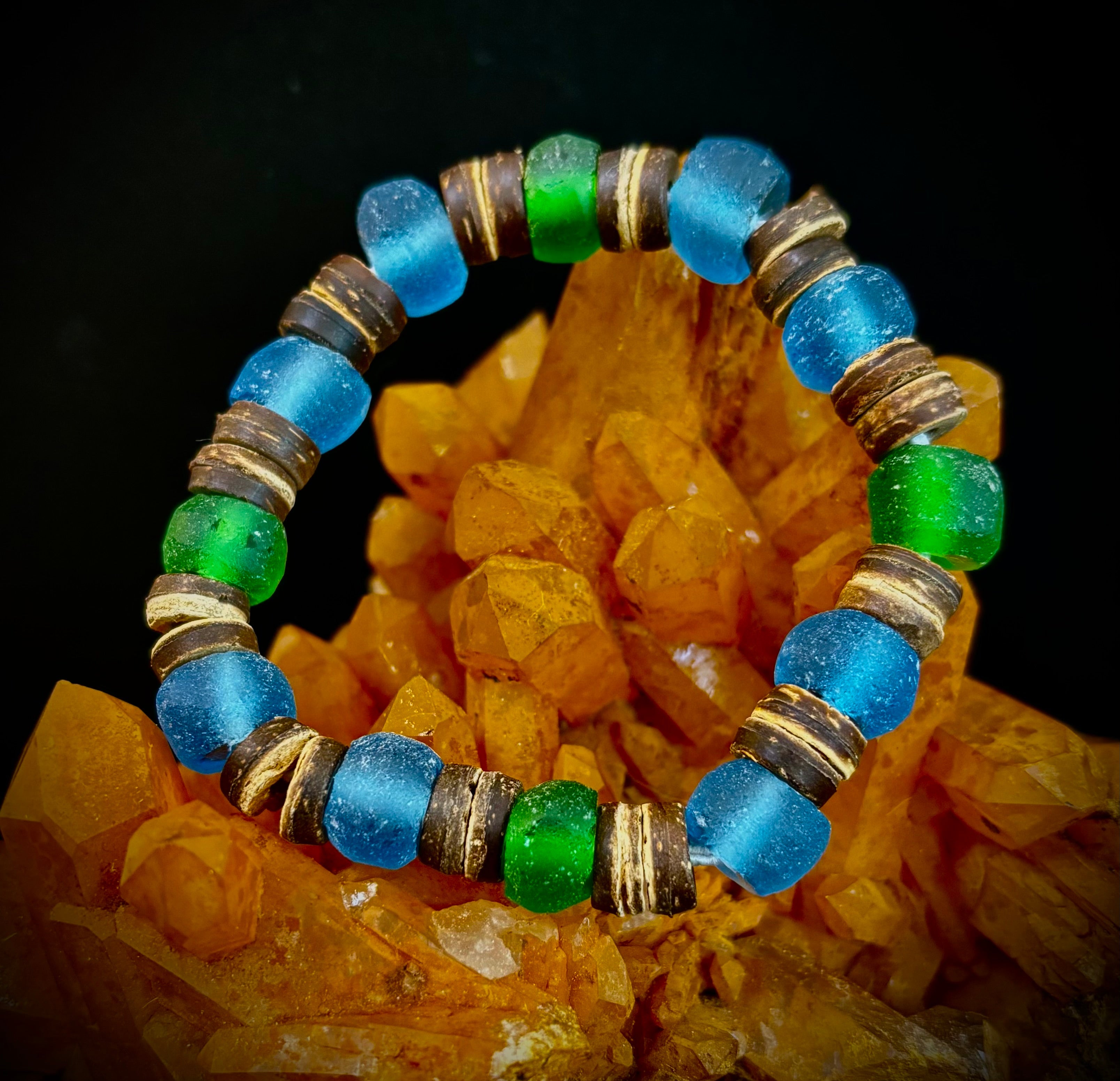 Boardwalk Breeze Bracelet - Recycled Glass & Natural Wood Stretch Bracelet
