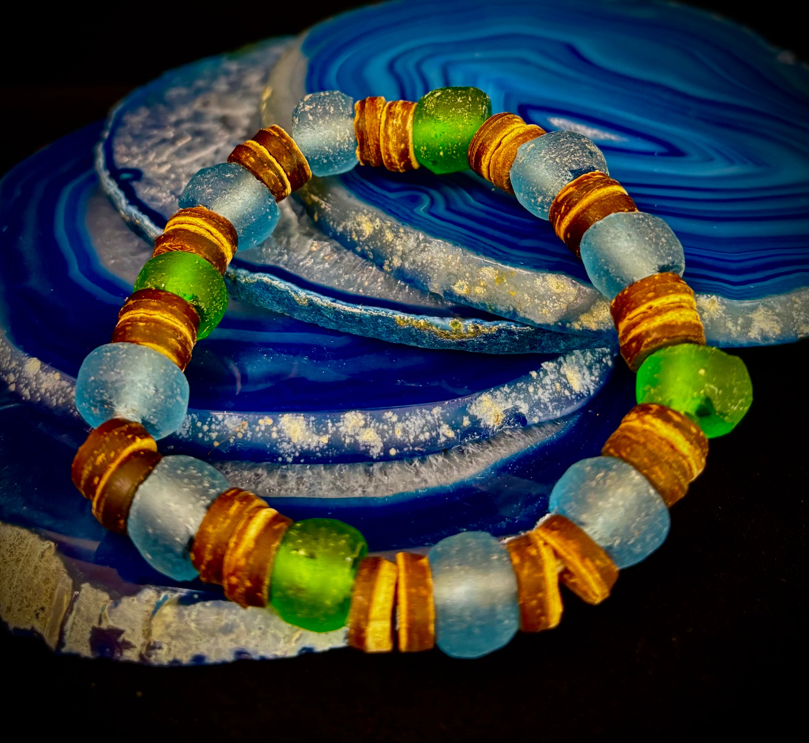 Boardwalk Breeze Bracelet - Recycled Glass & Natural Wood Stretch Bracelet