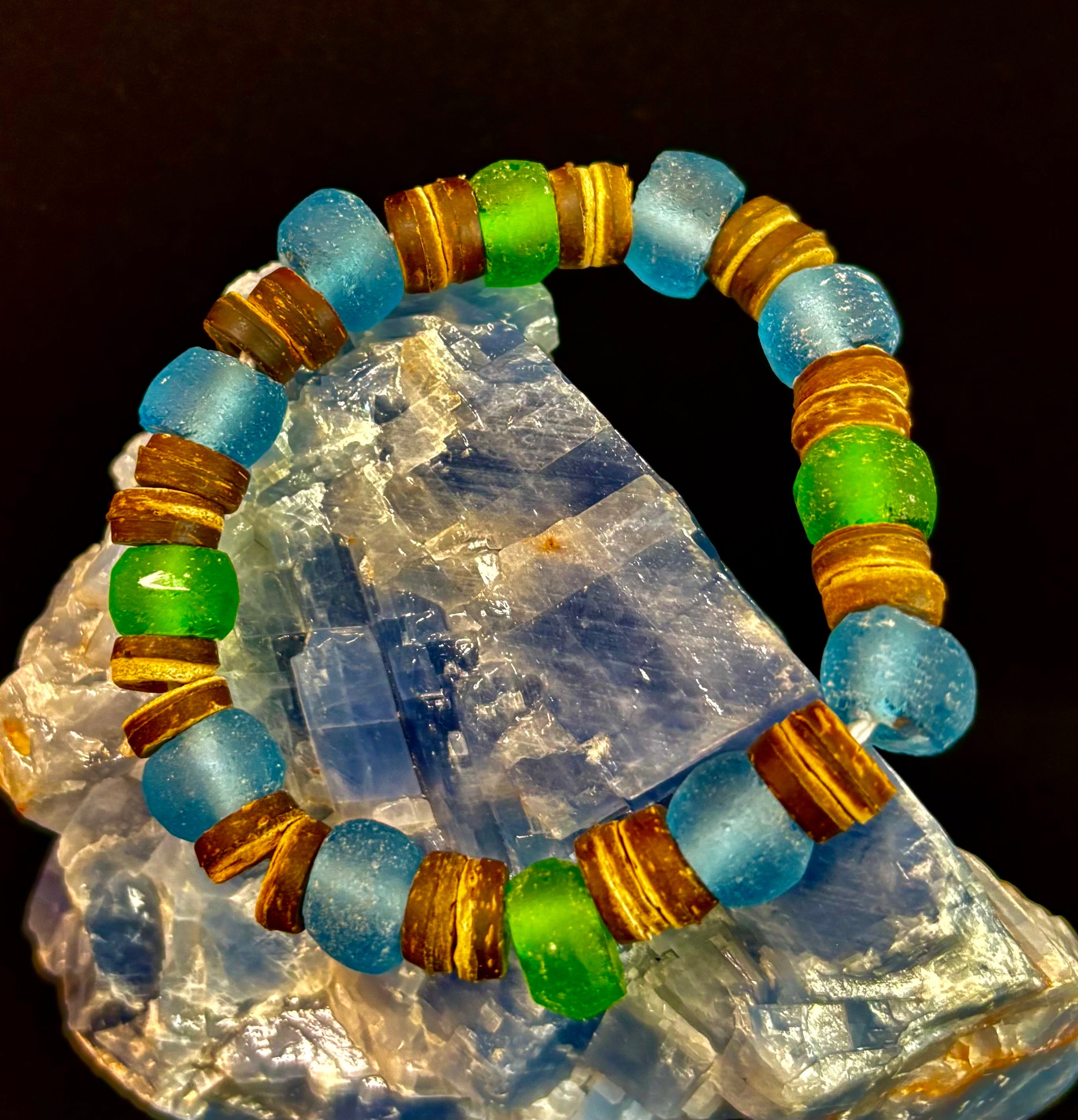 Boardwalk Breeze Bracelet - Recycled Glass & Natural Wood Stretch Bracelet