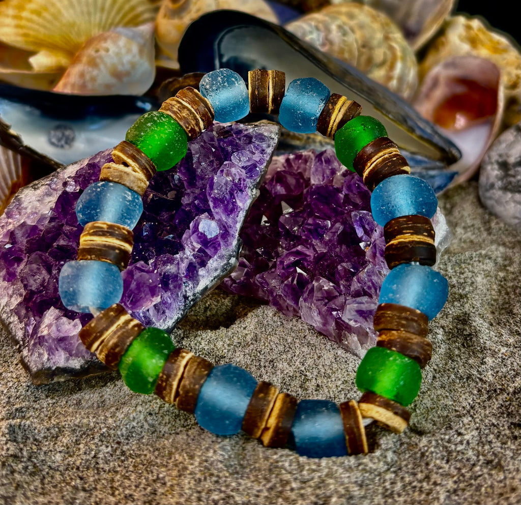 Boardwalk Breeze Bracelet - Recycled Glass & Natural Wood Stretch Bracelet