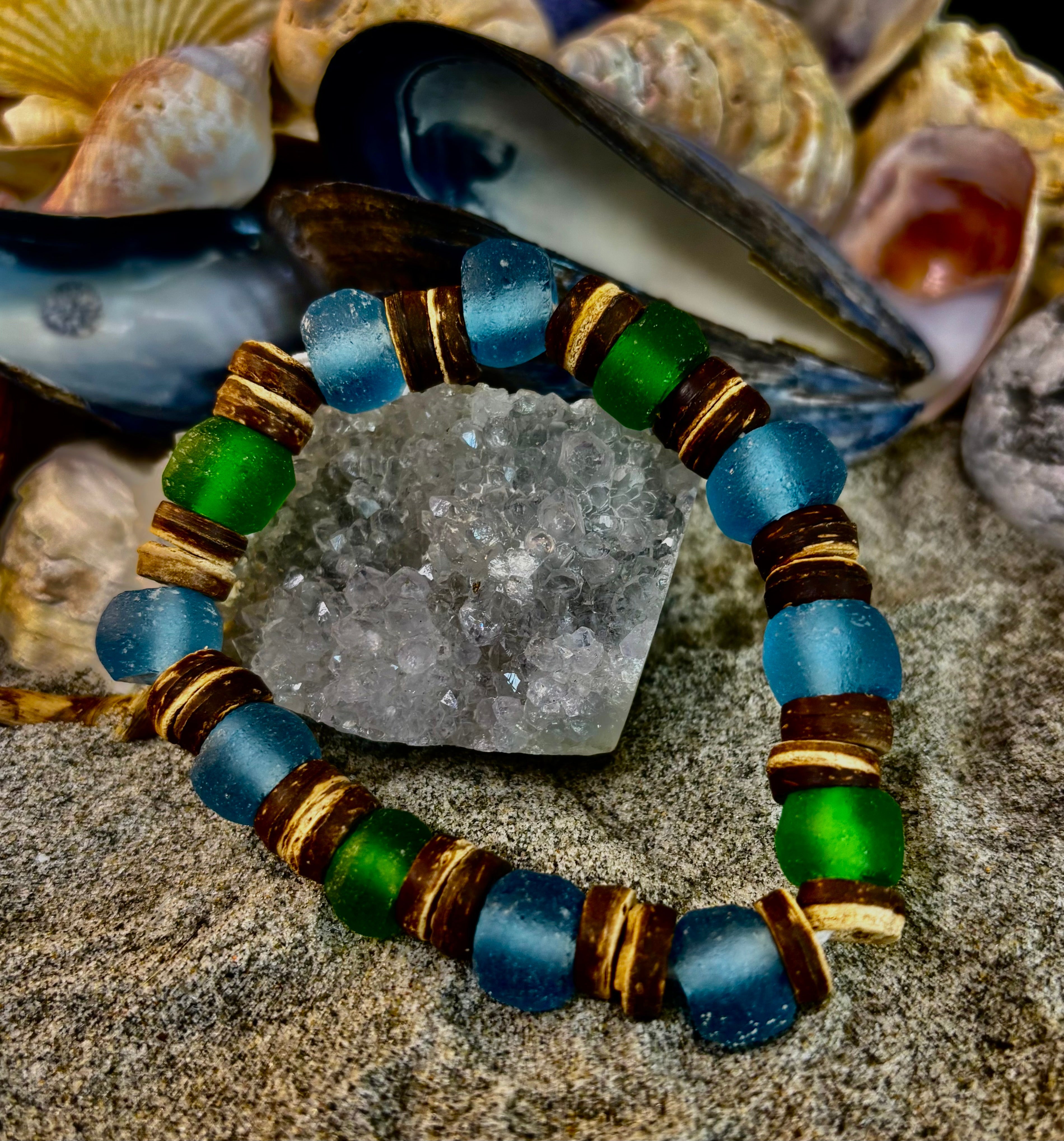Boardwalk Breeze Bracelet - Recycled Glass & Natural Wood Stretch Bracelet