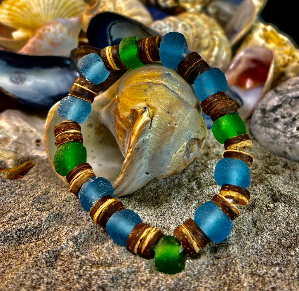 Boardwalk Breeze Bracelet - Recycled Glass & Natural Wood Stretch Bracelet