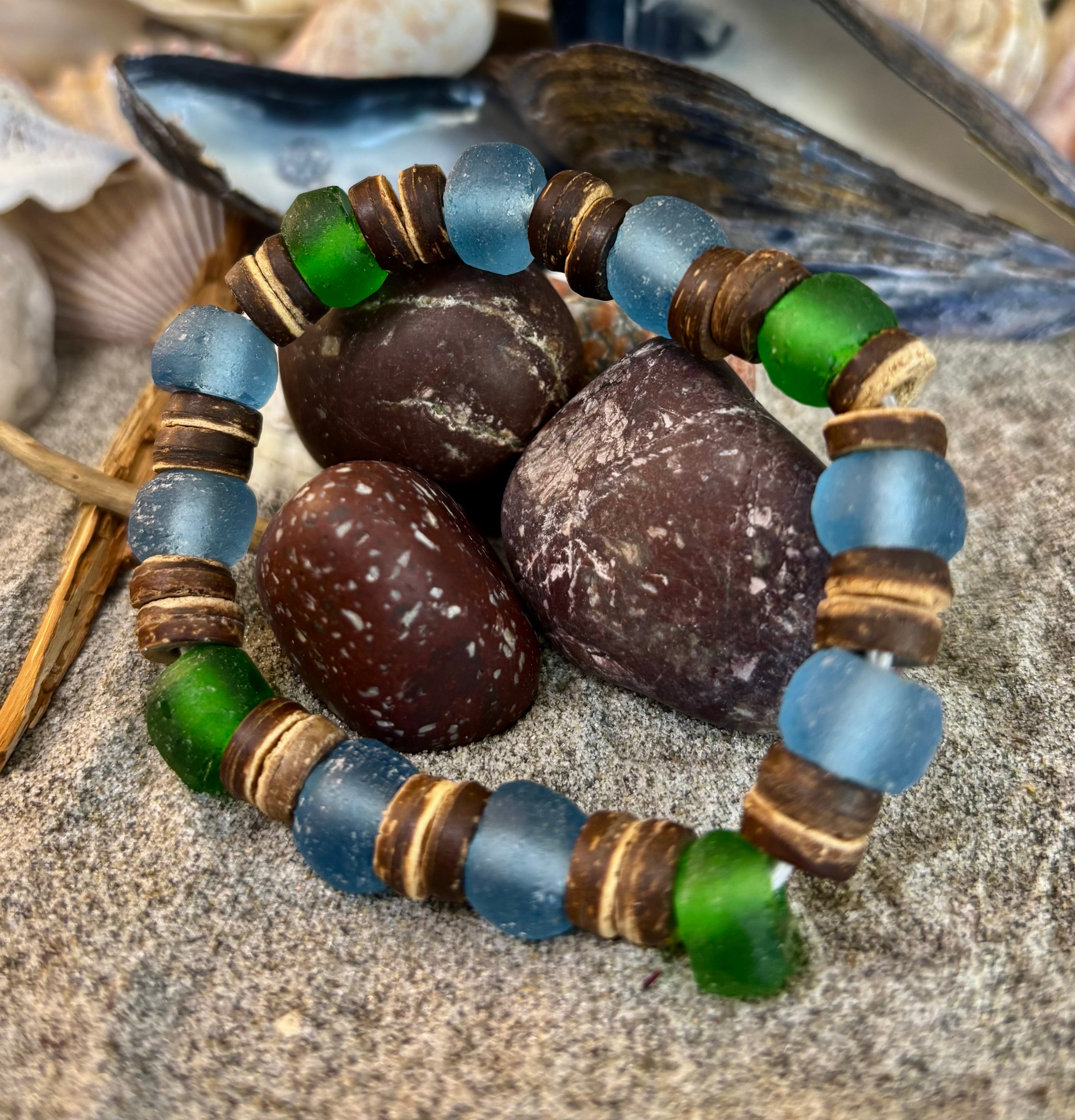Boardwalk Breeze Bracelet - Recycled Glass & Natural Wood Stretch Bracelet