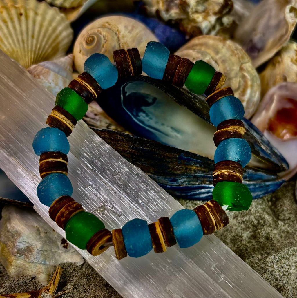 Boardwalk Breeze Bracelet - Recycled Glass & Natural Wood Stretch Bracelet