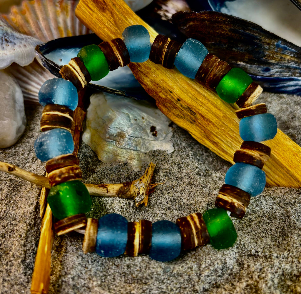 Boardwalk Breeze Bracelet - Recycled Glass & Natural Wood Stretch Bracelet