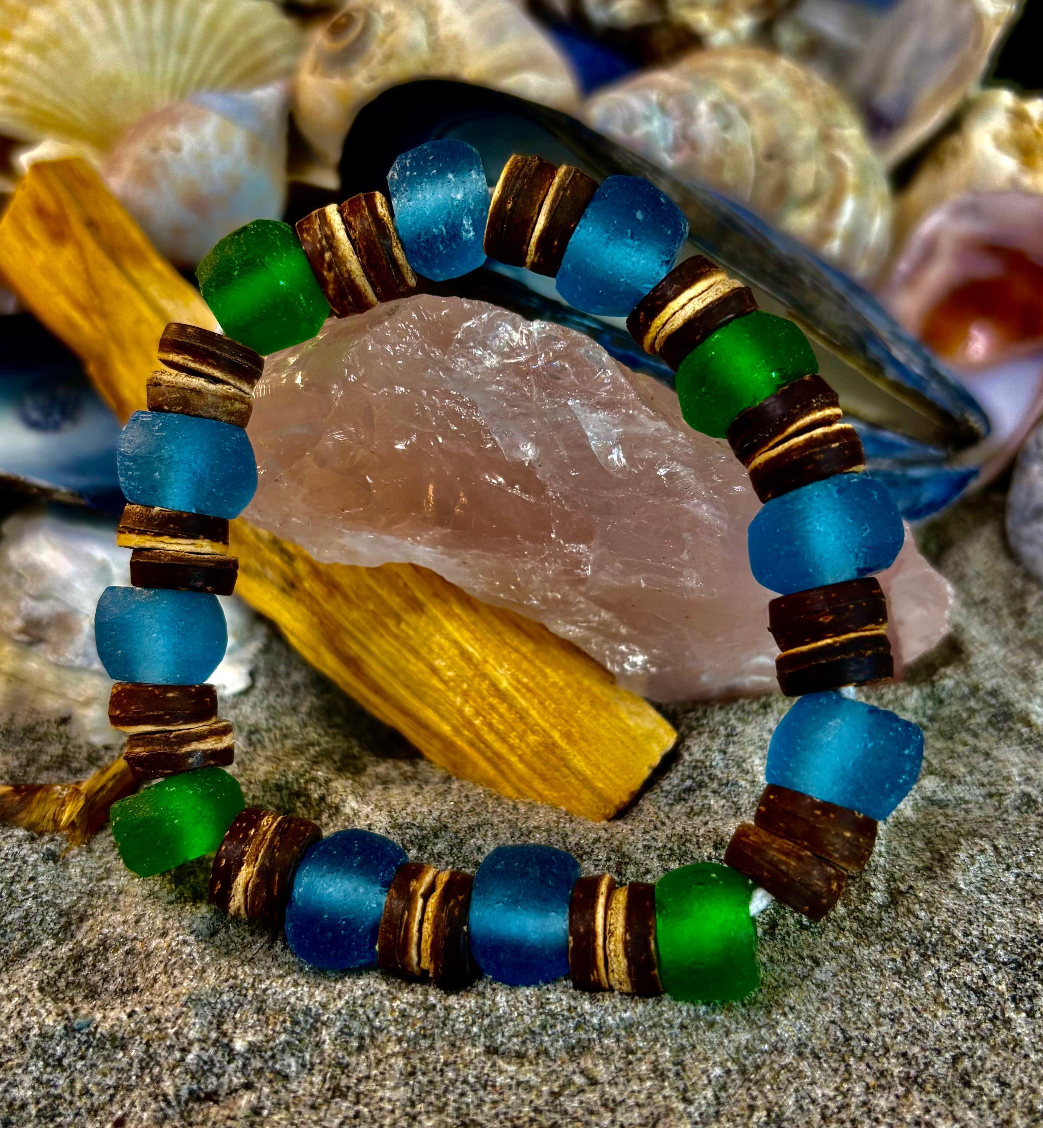 Boardwalk Breeze Bracelet - Recycled Glass & Natural Wood Stretch Bracelet