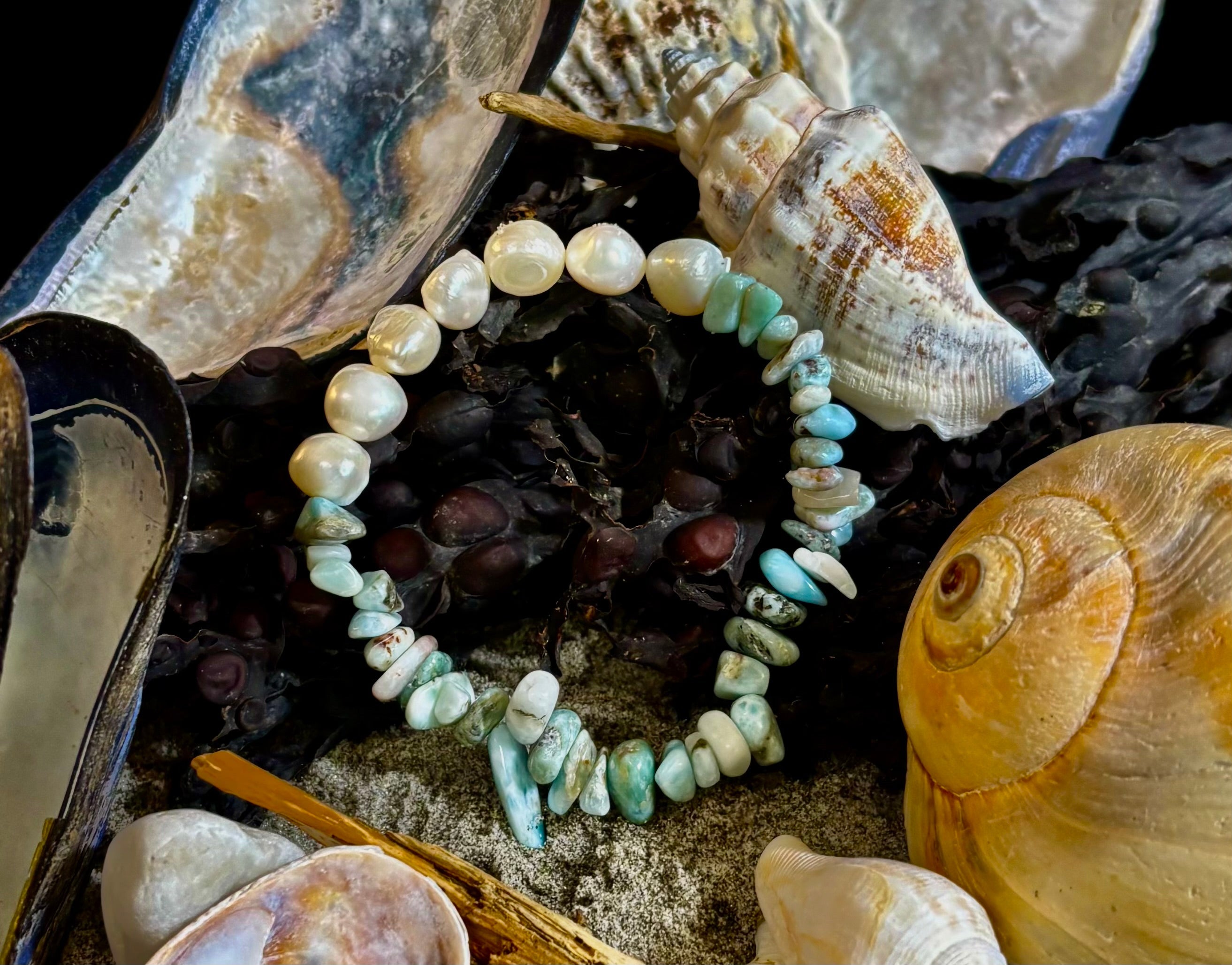 🌊 Mermaid's Treasure Bracelet - Larimar & Cultured Freshwater Pearl Stretch Bracelet