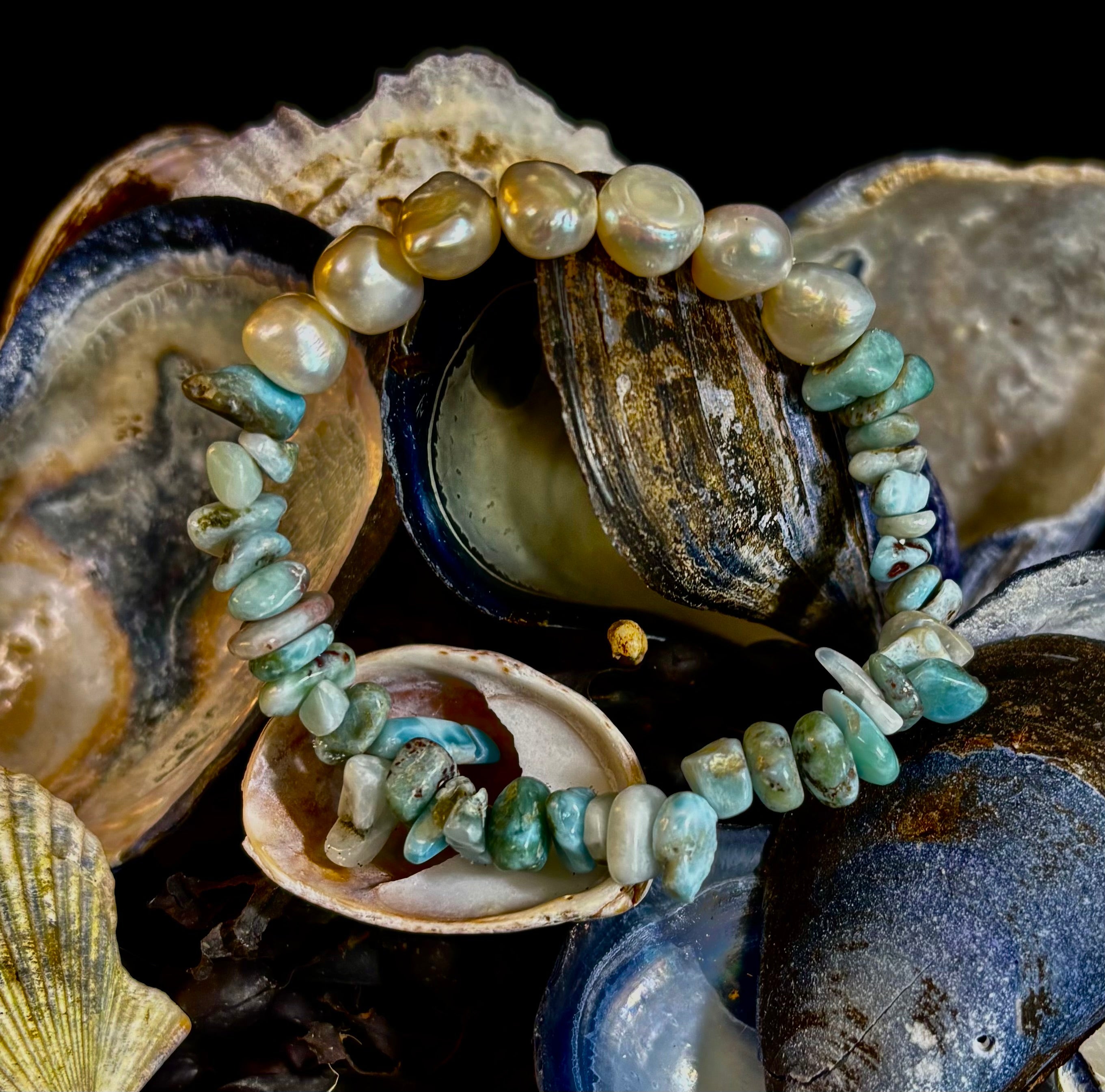 🌊 Mermaid's Treasure Bracelet - Larimar & Cultured Freshwater Pearl Stretch Bracelet