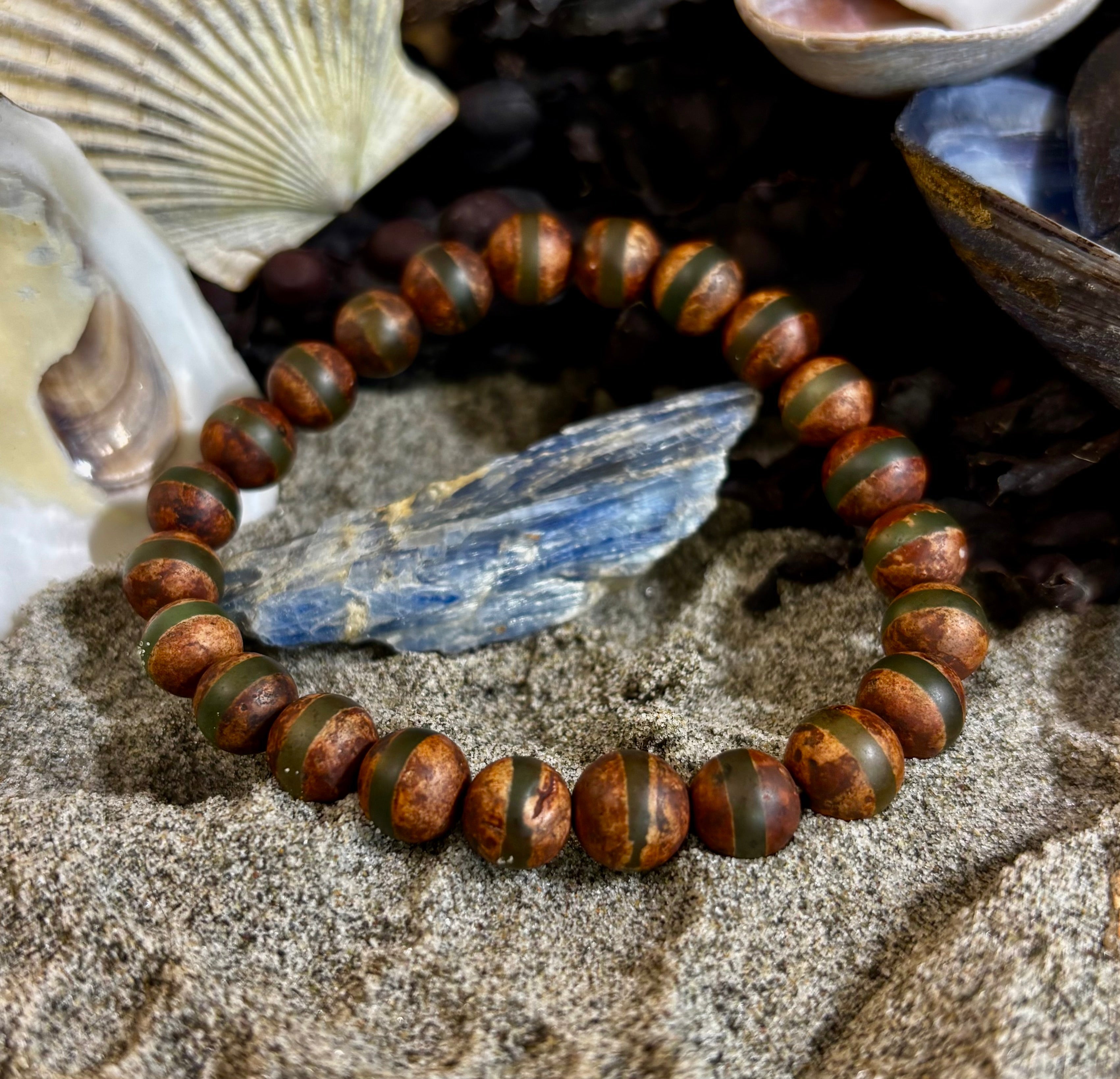 🌿 Rooted Resolve Bracelet - Brown & Green Tibetan Agate | Natural 8mm Gemstones