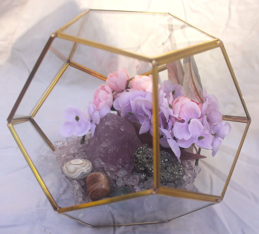 Crystal Geode Terrarium Rose Quartz and Pyrite - Luck in Love
