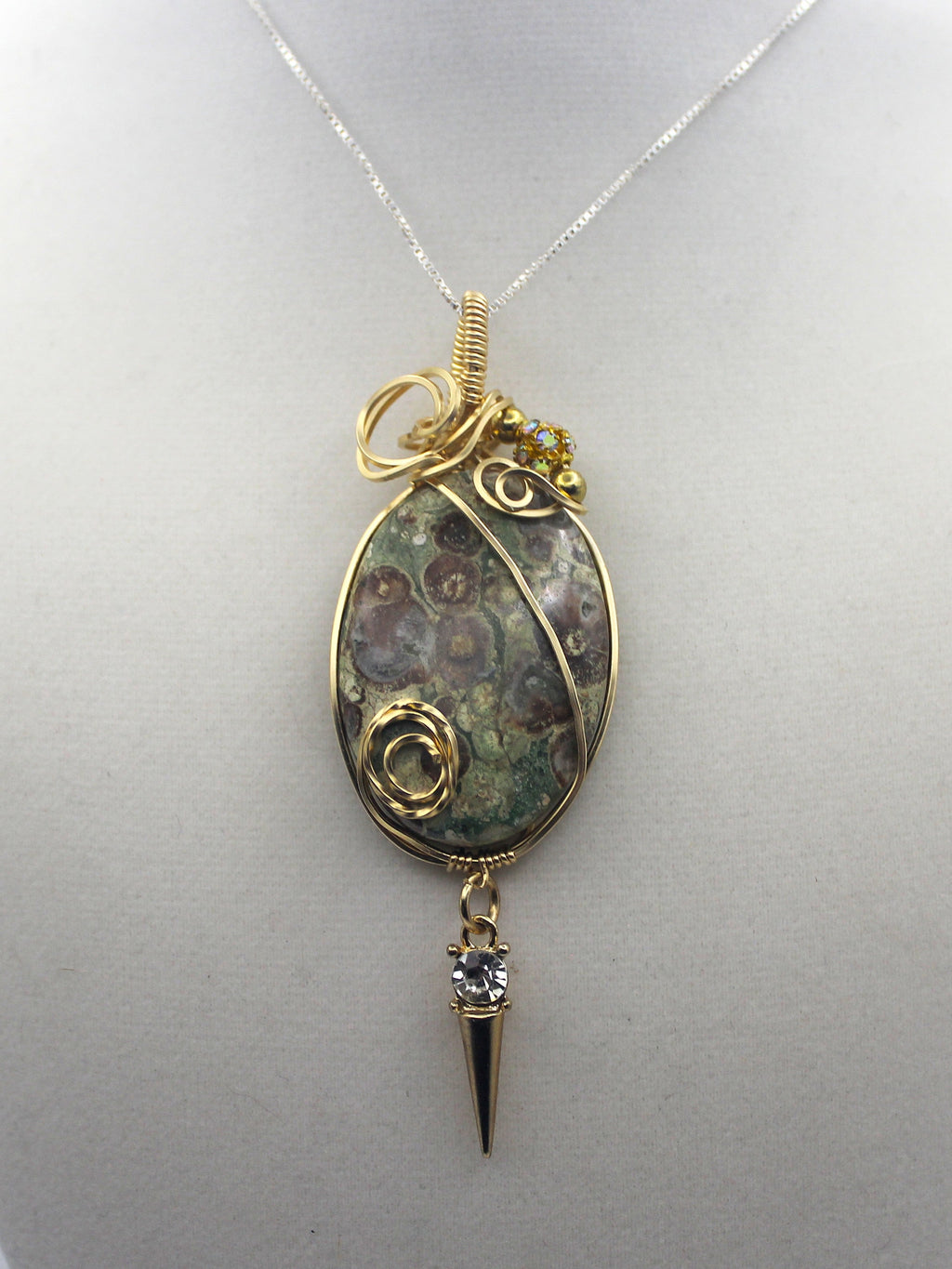 Gold Rainforest Rhyolite Pendant Necklace - 14k Gold-Filled Wire Wrapped with Crystal Accent