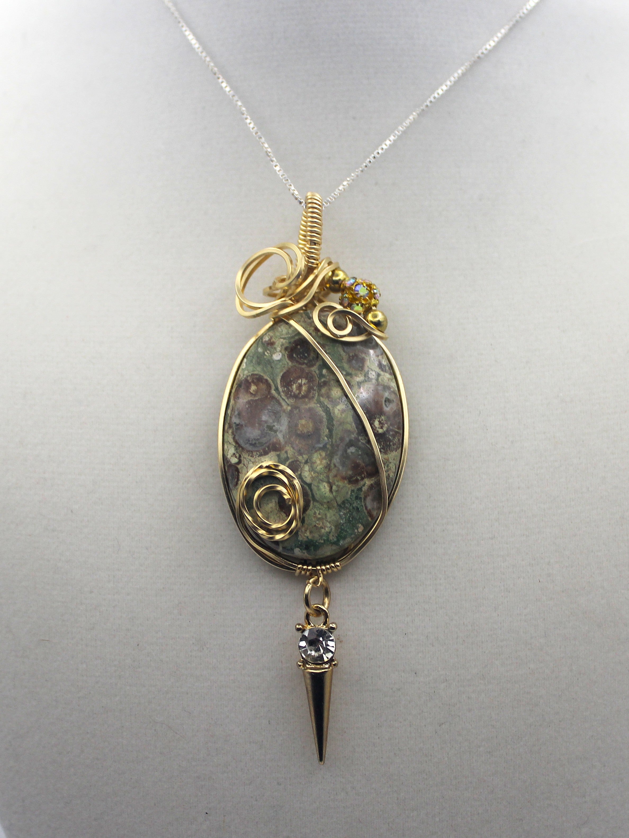 Gold Rainforest Rhyolite Pendant Necklace - 14k Gold-Filled Wire Wrapped with Crystal Accent