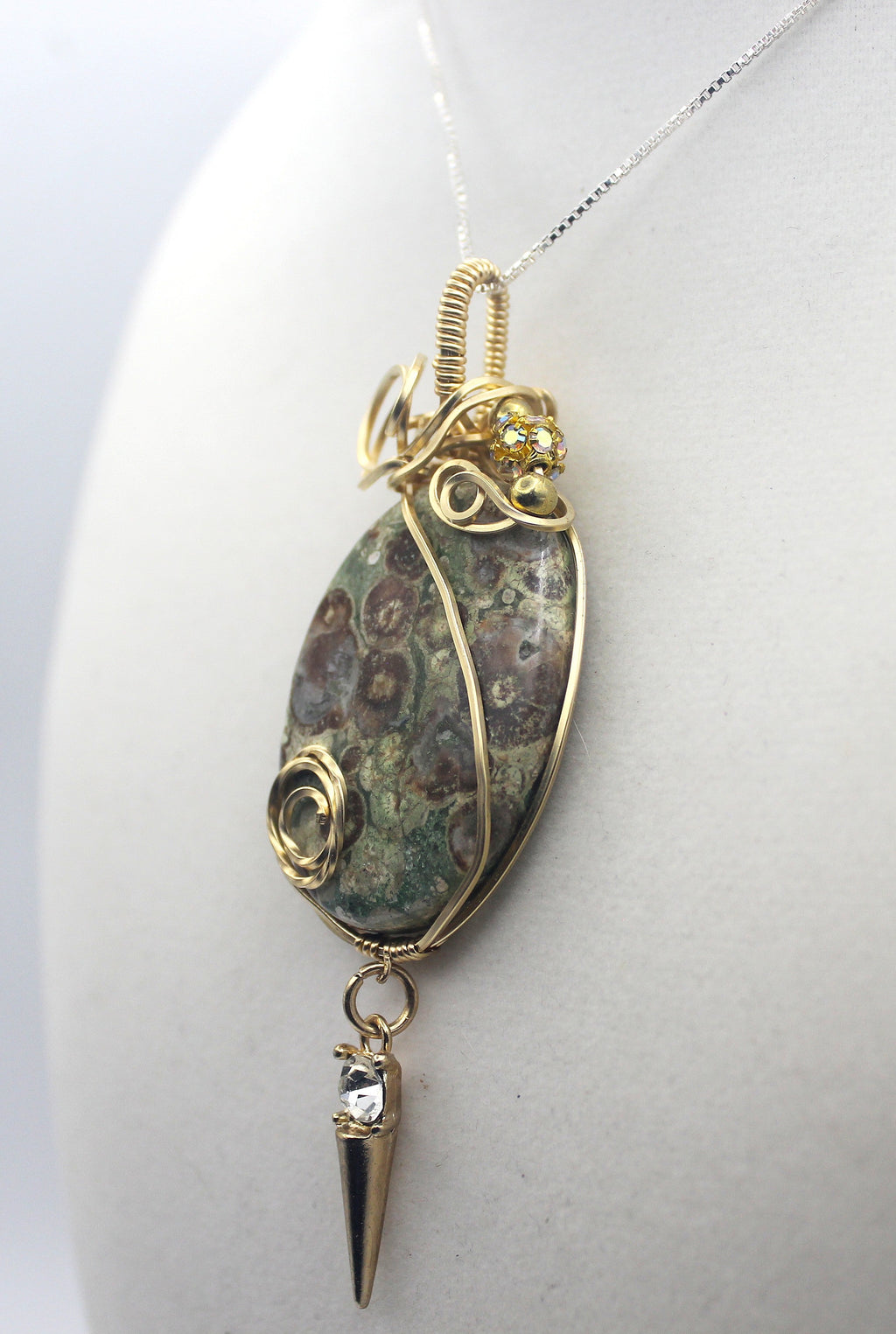 Gold Rainforest Rhyolite Pendant Necklace - 14k Gold-Filled Wire Wrapped with Crystal Accent