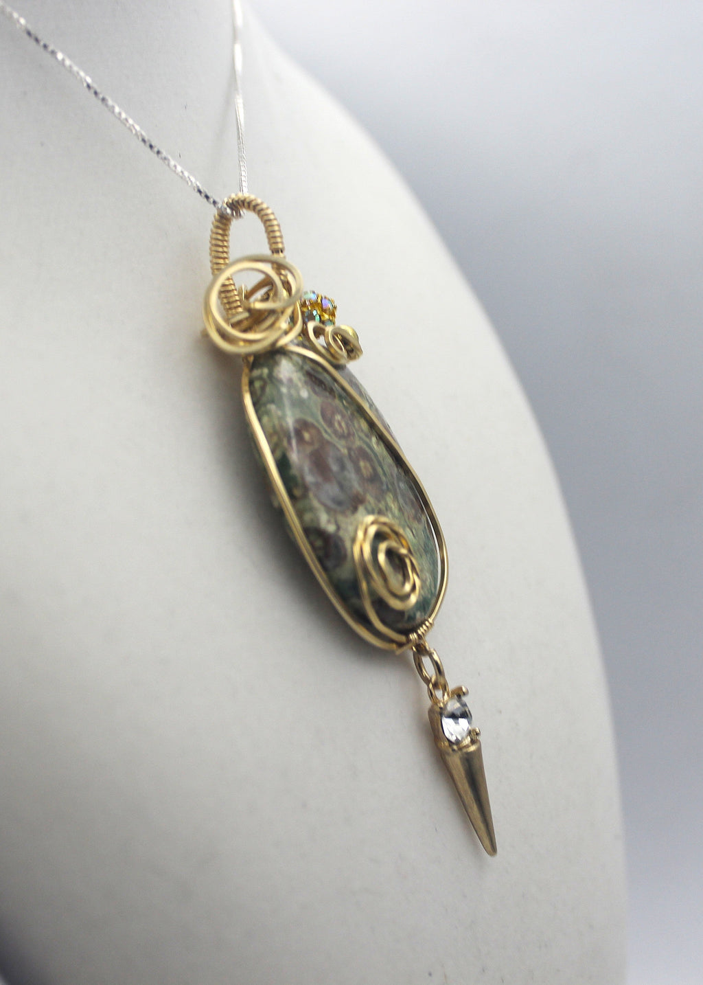 Gold Rainforest Rhyolite Pendant Necklace - 14k Gold-Filled Wire Wrapped with Crystal Accent