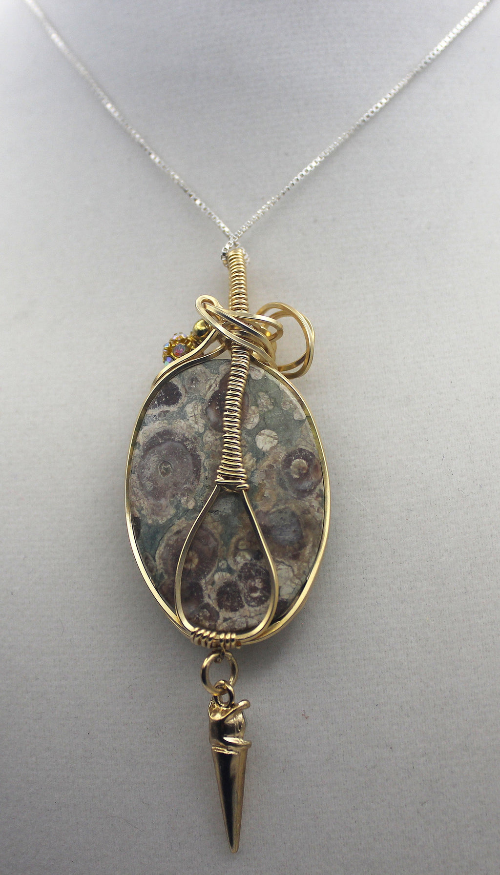 Gold Rainforest Rhyolite Pendant Necklace - 14k Gold-Filled Wire Wrapped with Crystal Accent