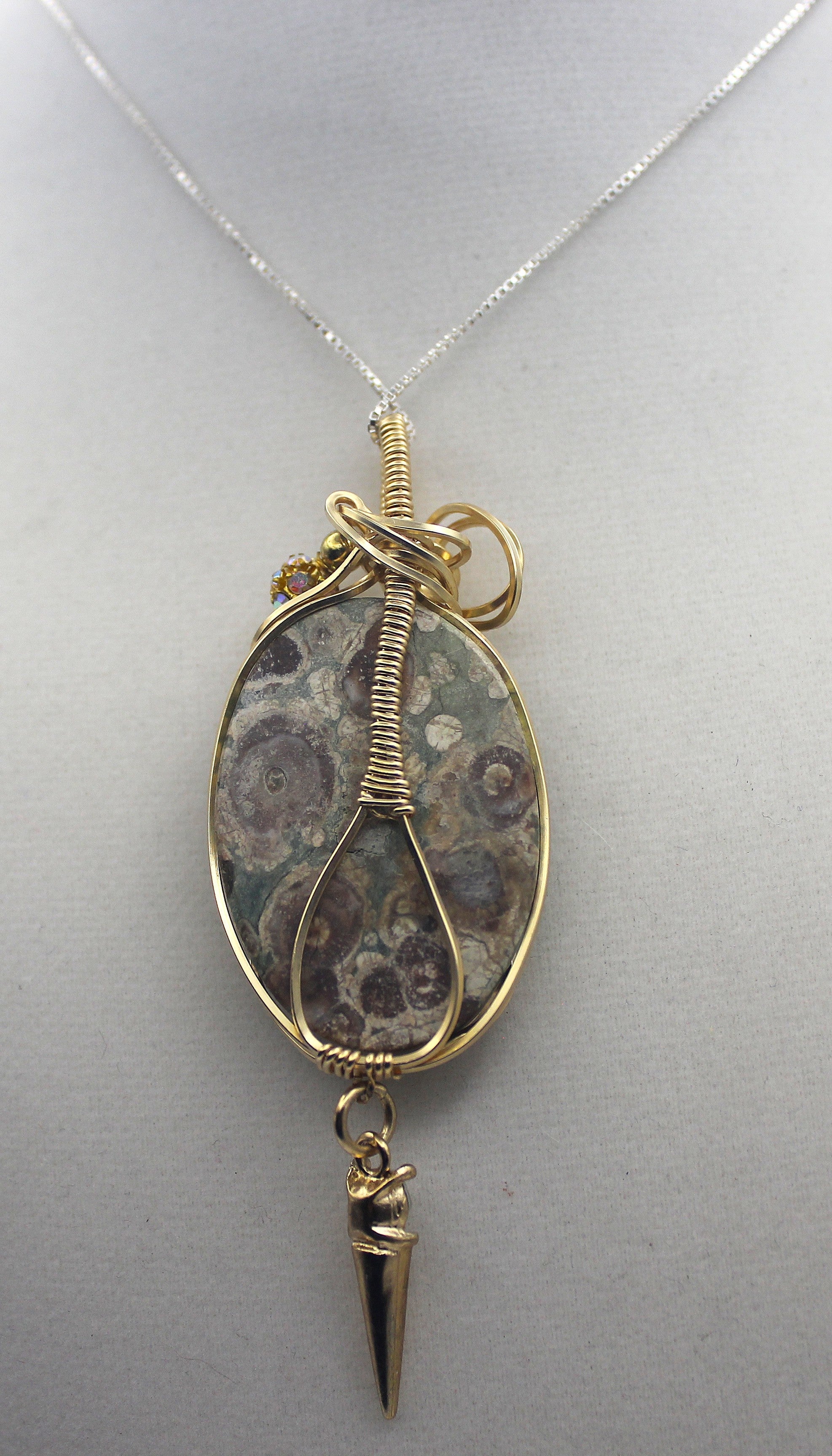 Gold Rainforest Rhyolite Pendant Necklace - 14k Gold-Filled Wire Wrapped with Crystal Accent