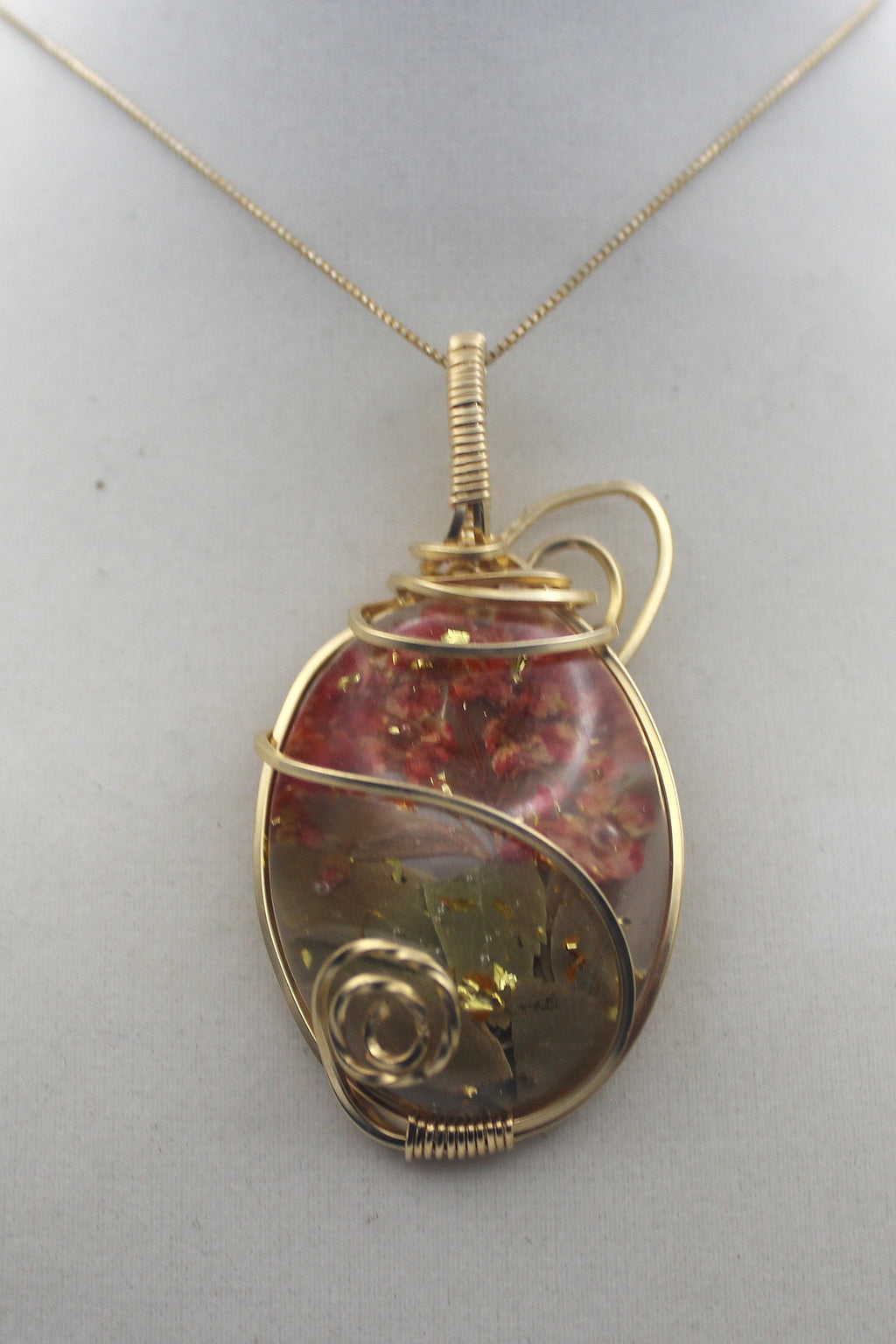 Gold Flower Resin Pendant Necklace – 14k Gold-Filled Wire Wrapped Botanical Jewelry