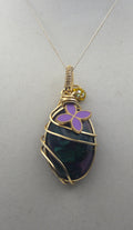 Gold Charmed Malachite Resin Flower Pendant Necklace – 14k Gold-Filled Wire Wrapped with Lavender Flower Accent