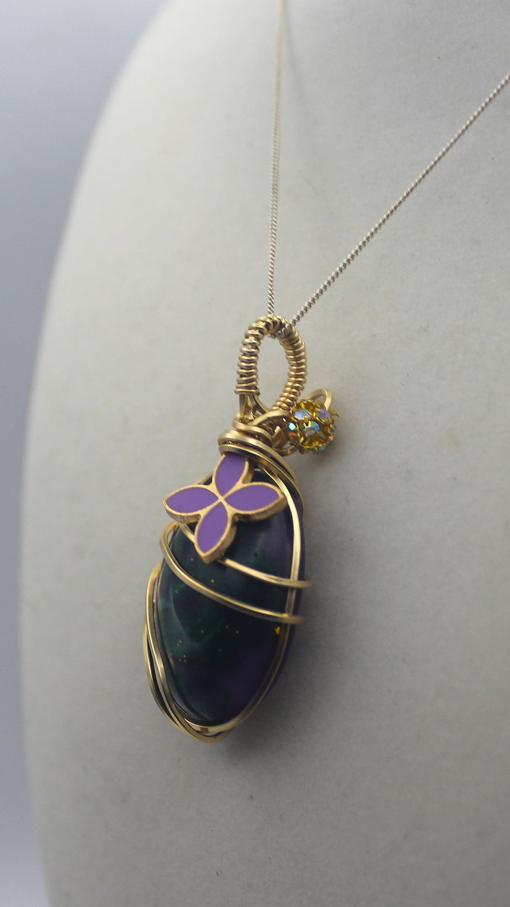 Gold Charmed Malachite Resin Flower Pendant Necklace – 14k Gold-Filled Wire Wrapped with Lavender Flower Accent