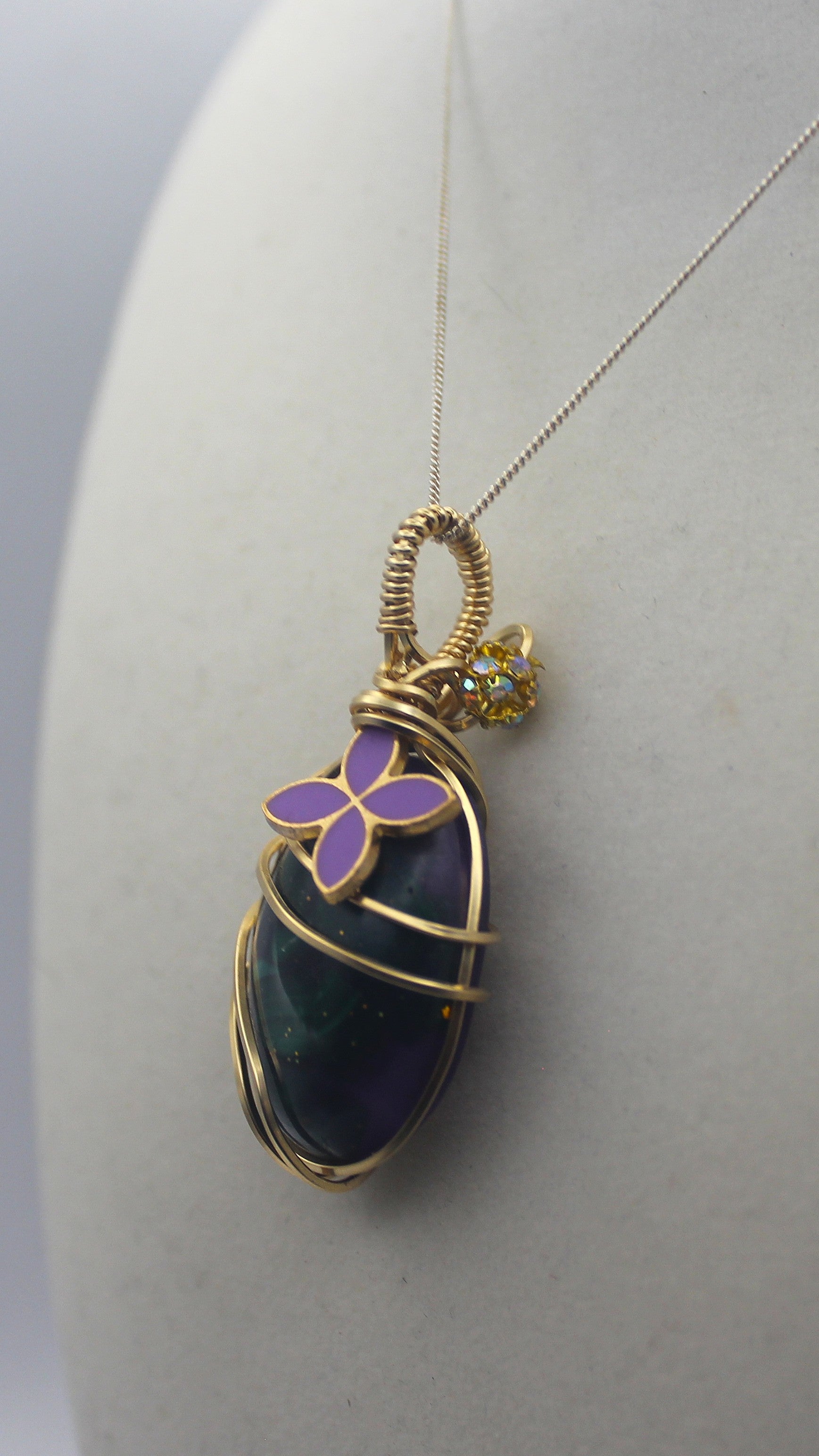 Gold Charmed Malachite Resin Flower Pendant Necklace – 14k Gold-Filled Wire Wrapped with Lavender Flower Accent