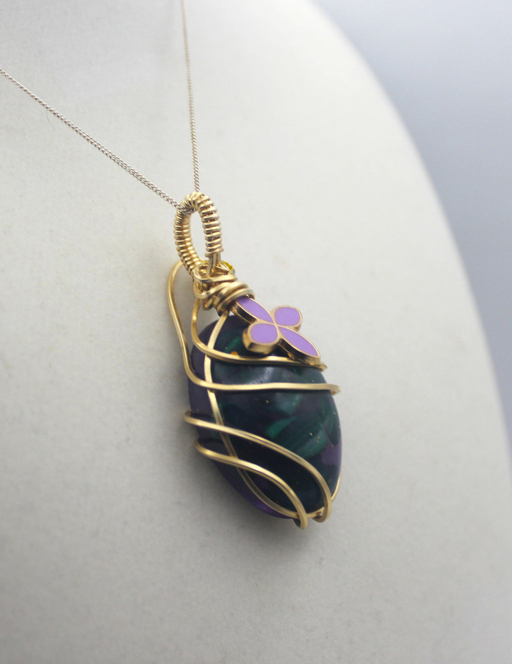 Gold Charmed Malachite Resin Flower Pendant Necklace – 14k Gold-Filled Wire Wrapped with Lavender Flower Accent