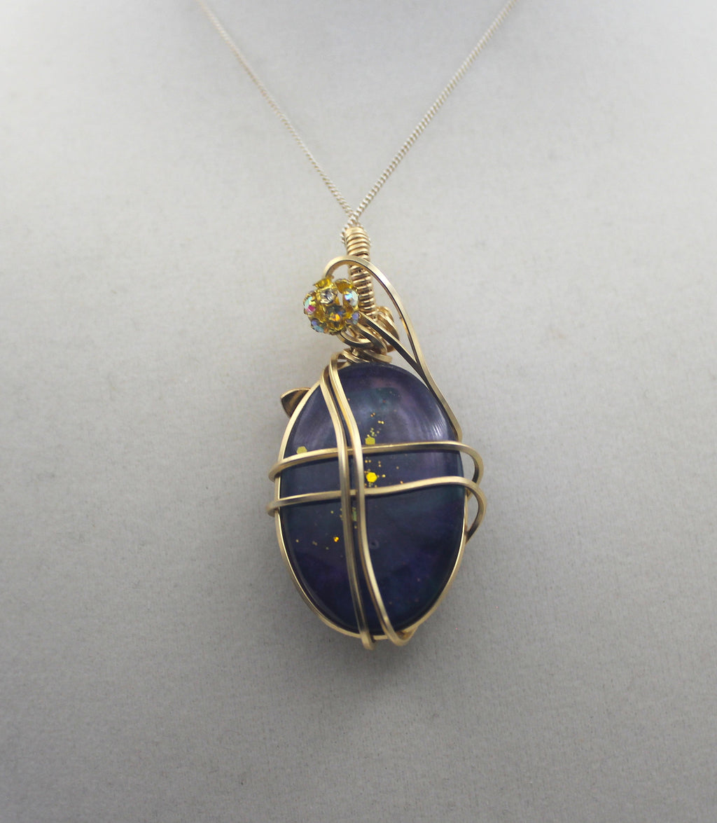 Gold Charmed Malachite Resin Flower Pendant Necklace – 14k Gold-Filled Wire Wrapped with Lavender Flower Accent