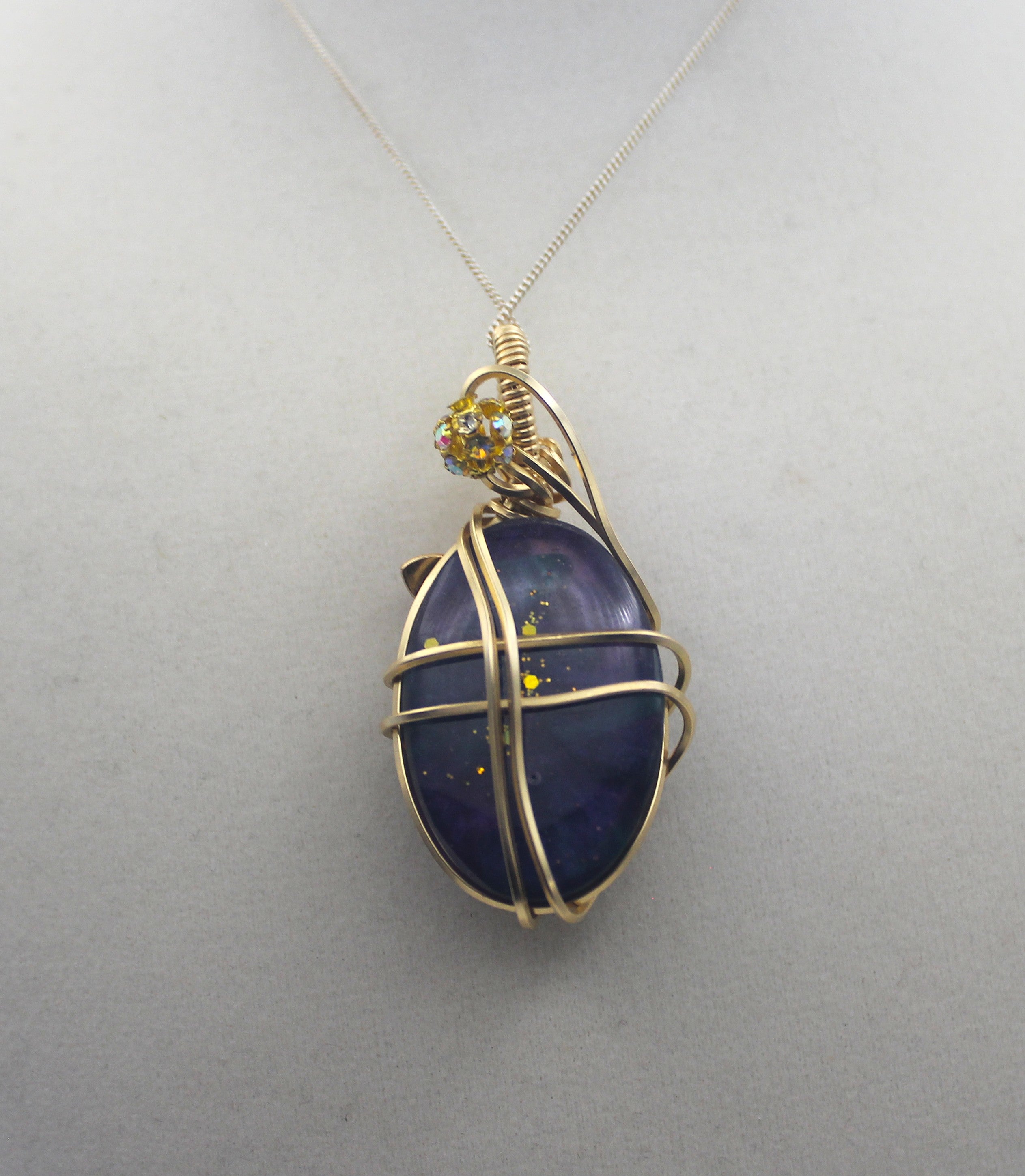Gold Charmed Malachite Resin Flower Pendant Necklace – 14k Gold-Filled Wire Wrapped with Lavender Flower Accent