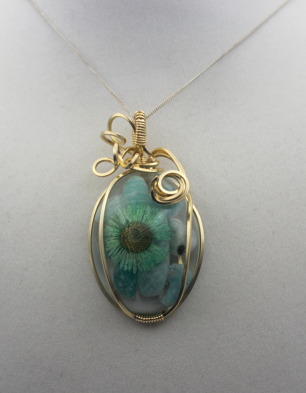 Gold Resin Amazonite Dried Flower Pendant Necklace – 14k Gold-Filled Wire Wrapped Botanical Jewelry