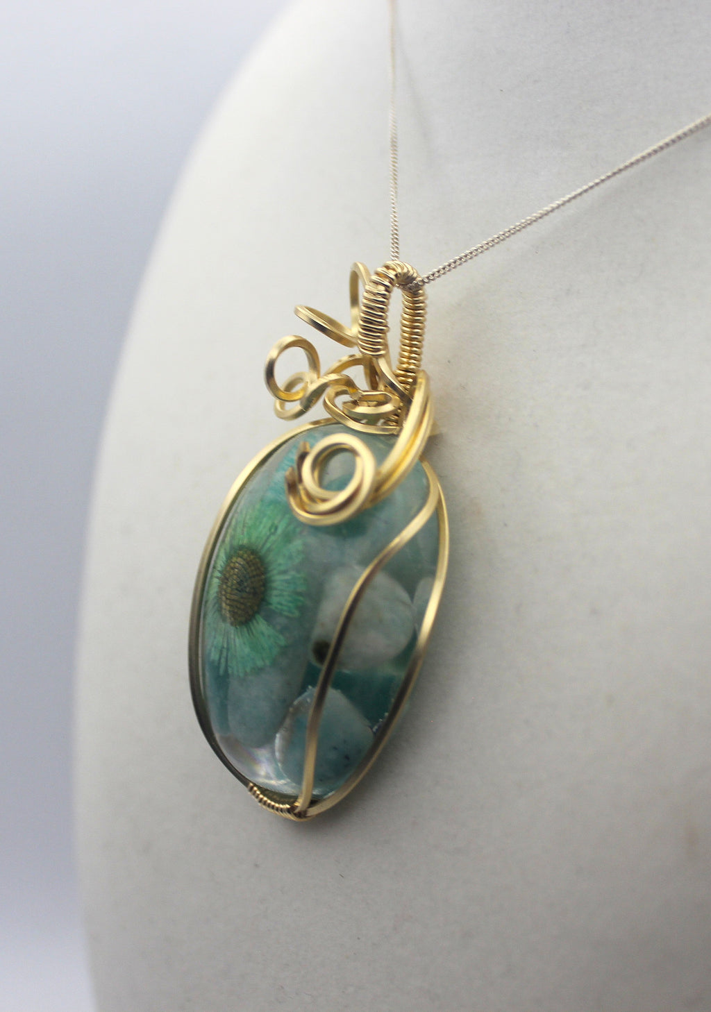 Gold Resin Amazonite Dried Flower Pendant Necklace – 14k Gold-Filled Wire Wrapped Botanical Jewelry