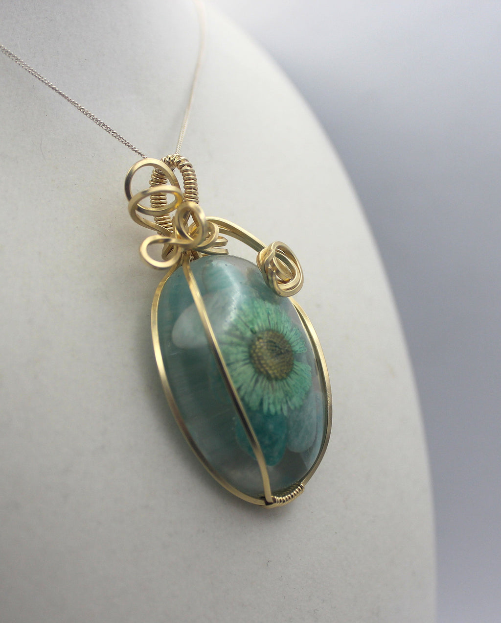 Gold Resin Amazonite Dried Flower Pendant Necklace – 14k Gold-Filled Wire Wrapped Botanical Jewelry
