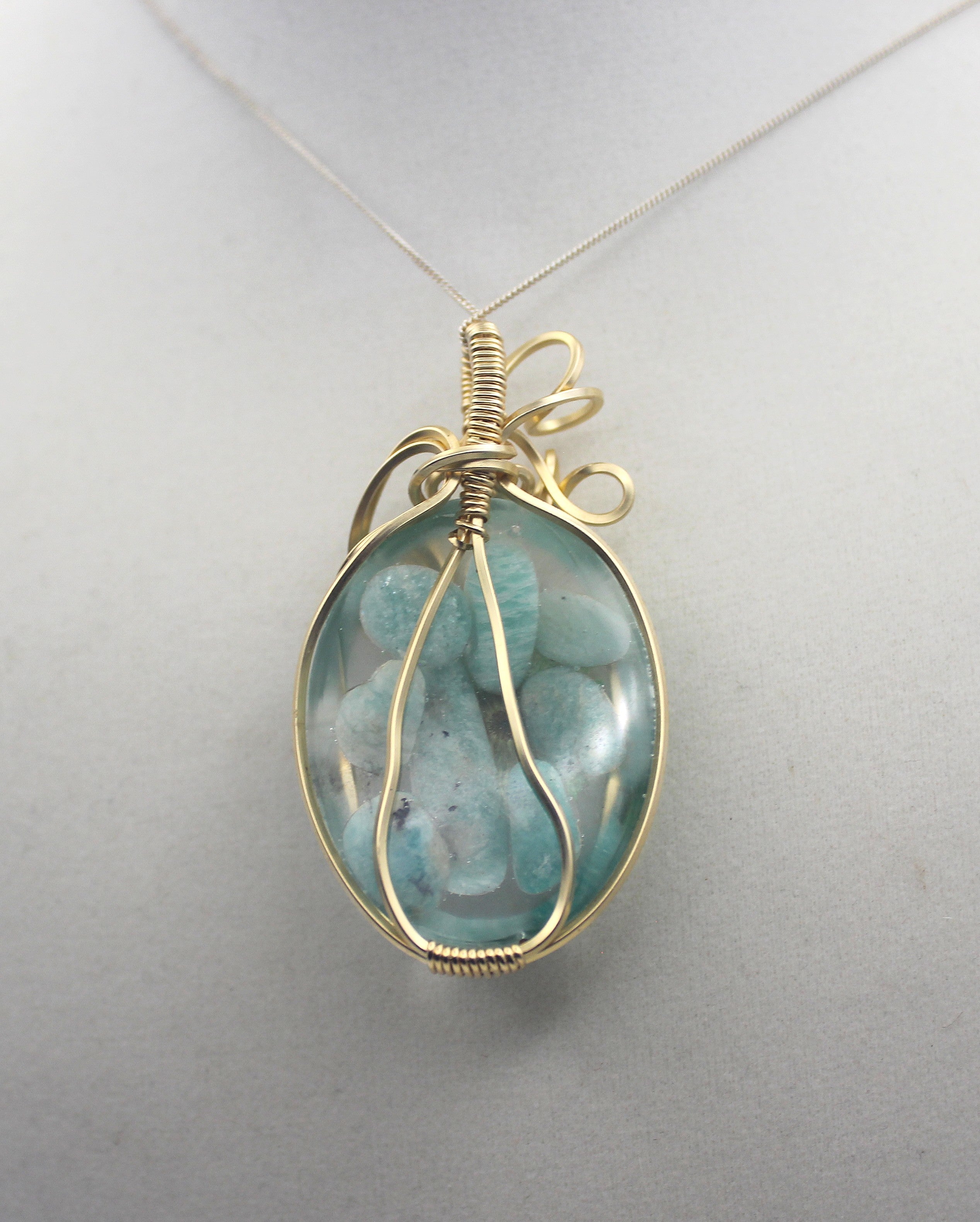 Gold Resin Amazonite Dried Flower Pendant Necklace – 14k Gold-Filled Wire Wrapped Botanical Jewelry