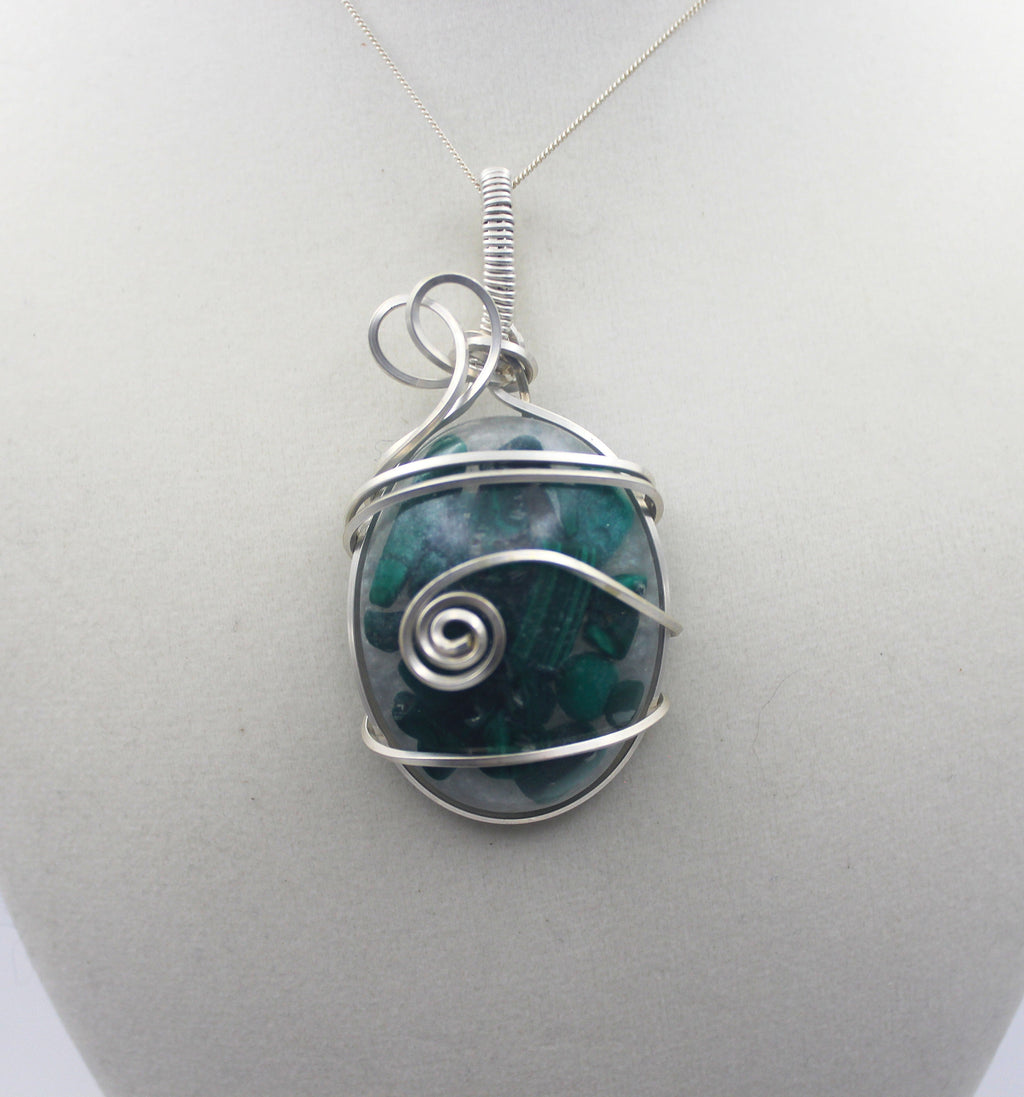 Silver Argentium Resin Malachite Pendant Necklace
