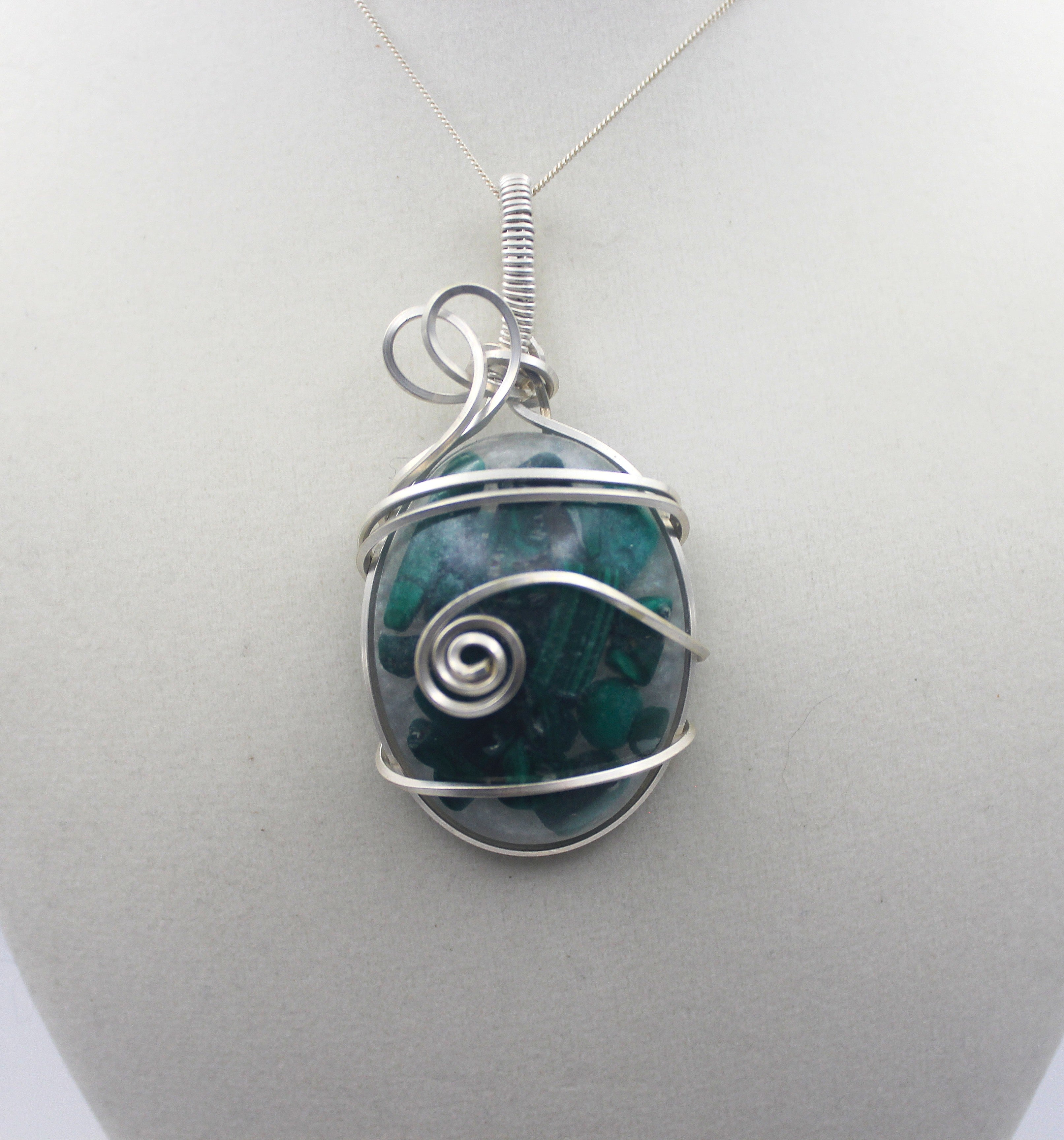 Silver Argentium Resin Malachite Pendant Necklace