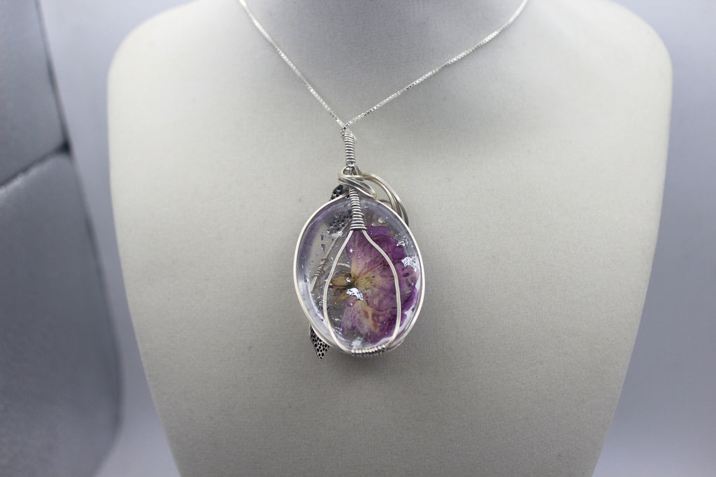 Silver Argentium Charmed Resin Purple Dried Flower Pendant Necklace