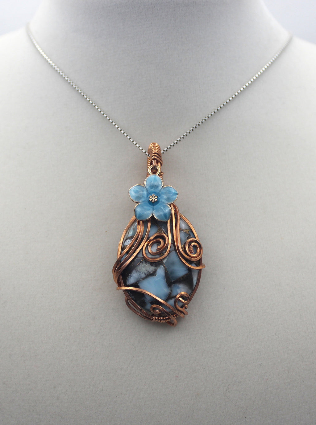 Raw Copper Larimar in Copper Composite Flower Charmed Pendant Necklace