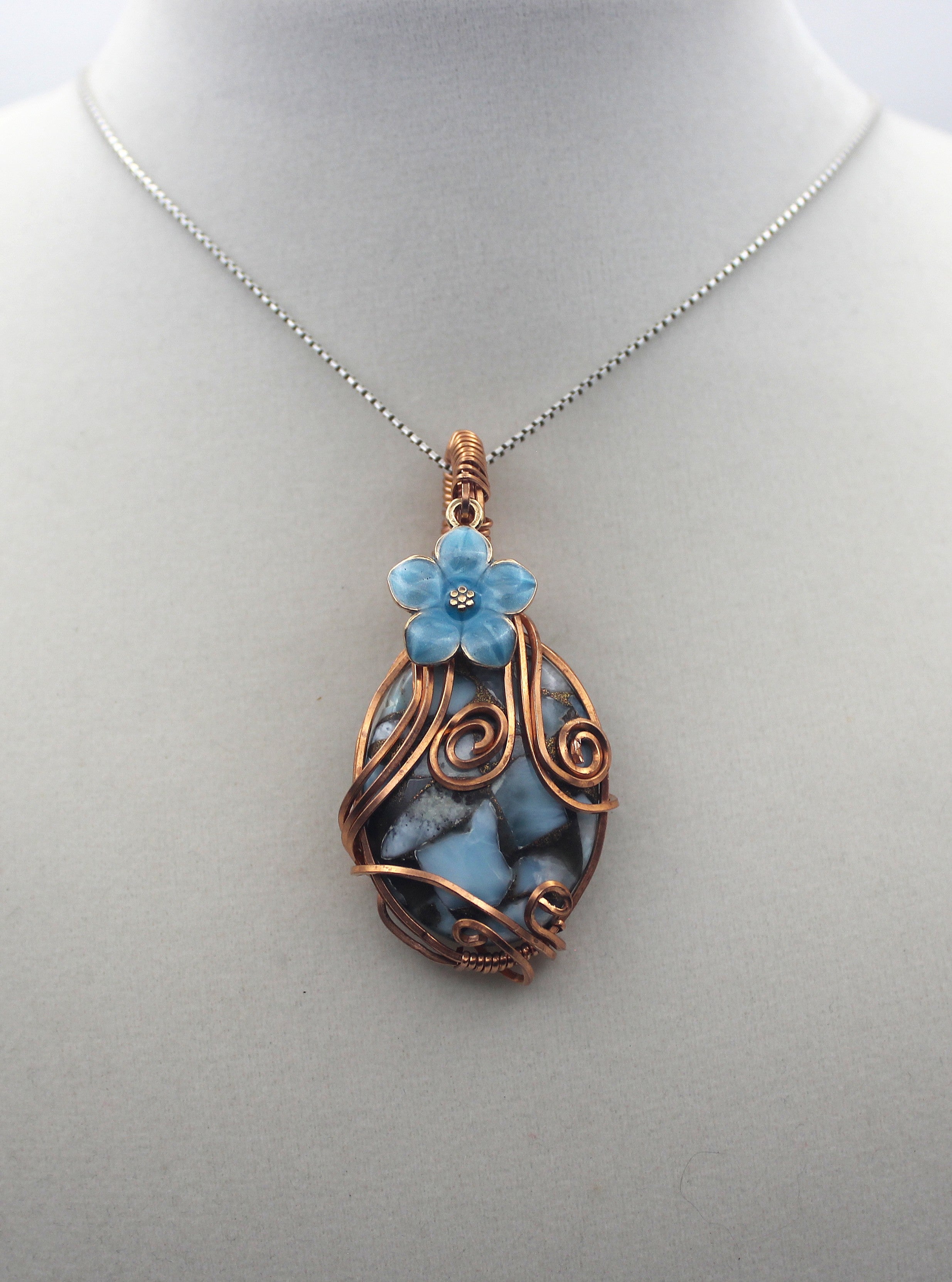 Raw Copper Larimar in Copper Composite Flower Charmed Pendant Necklace