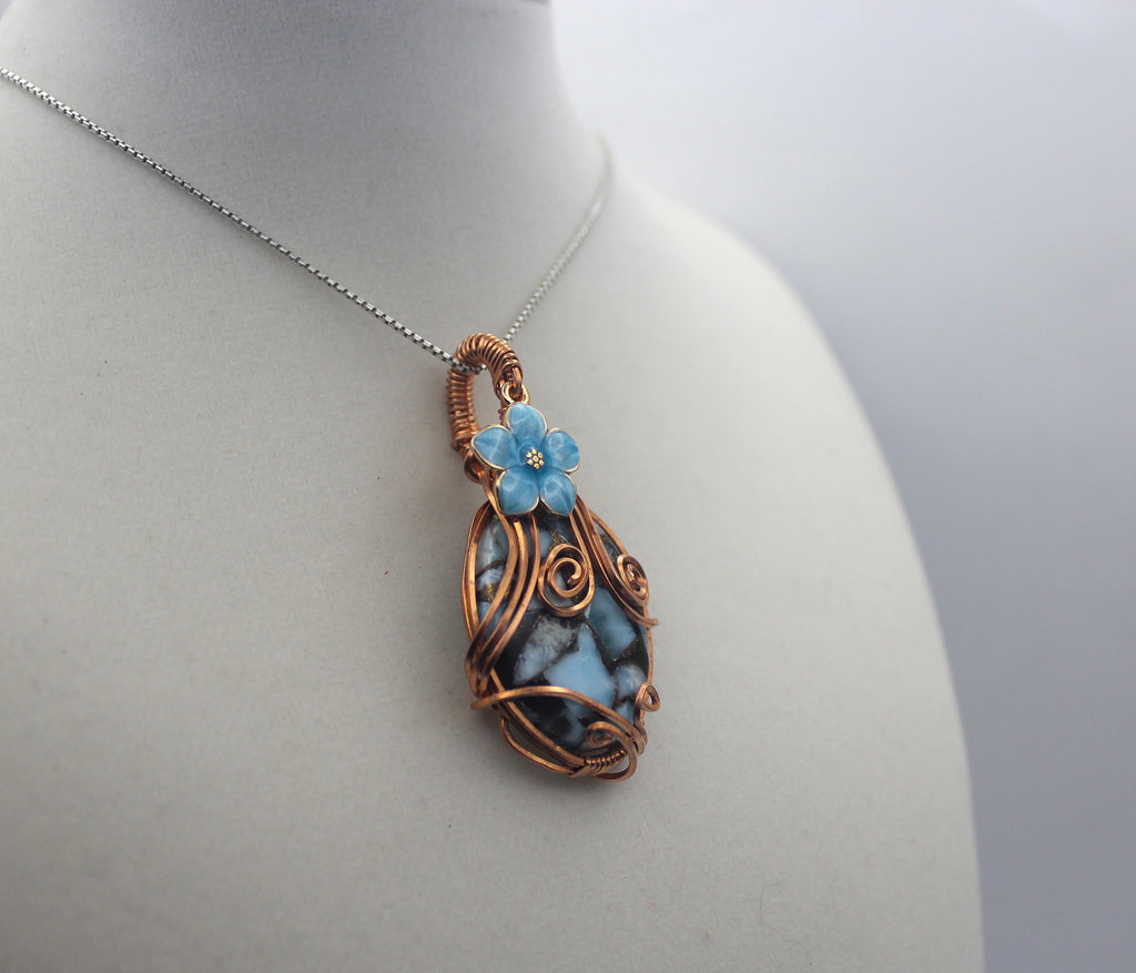 Raw Copper Larimar in Copper Composite Flower Charmed Pendant Necklace