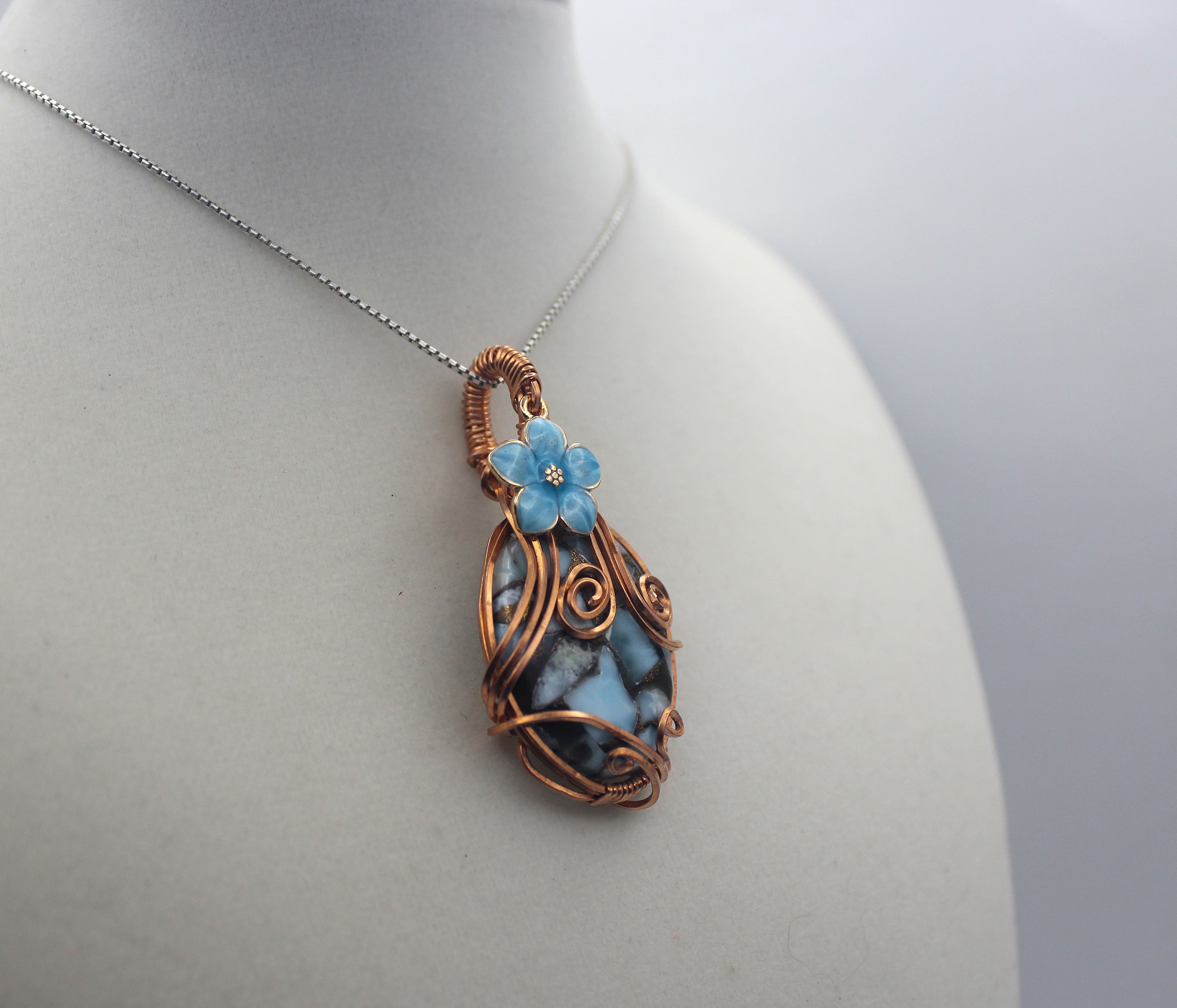 Raw Copper Larimar in Copper Composite Flower Charmed Pendant Necklace