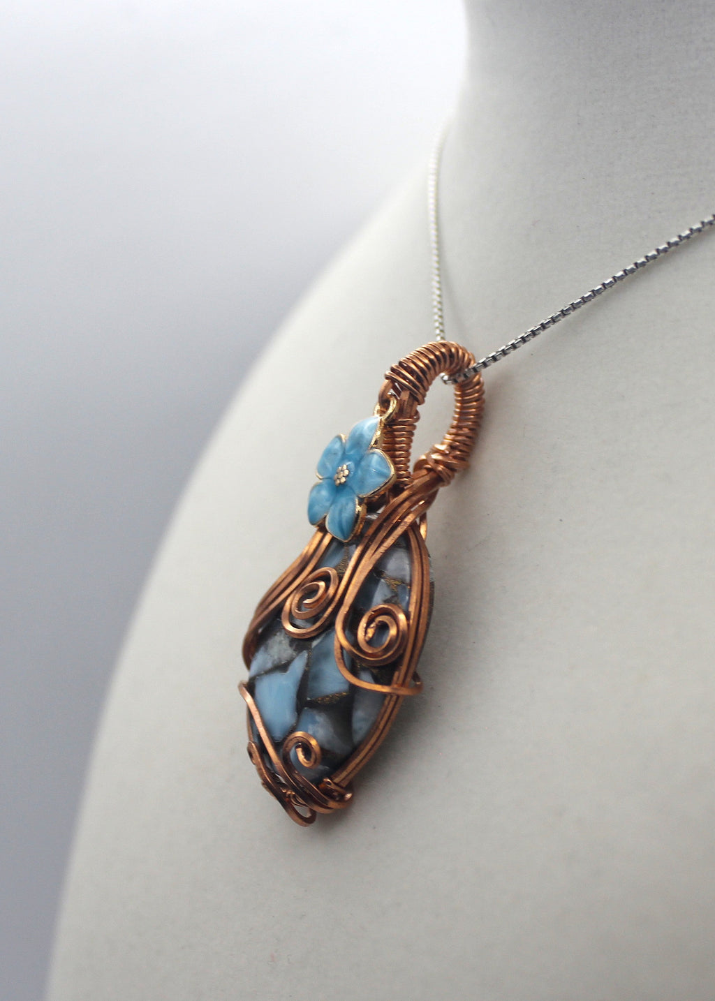 Raw Copper Larimar in Copper Composite Flower Charmed Pendant Necklace
