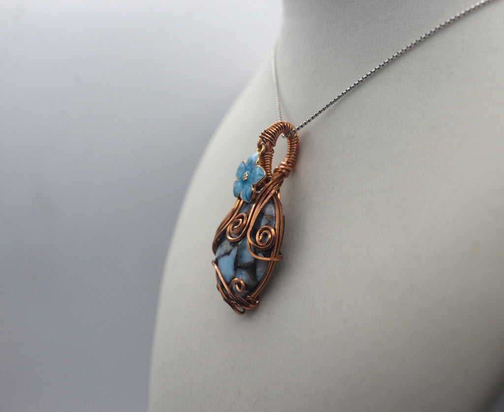 Raw Copper Larimar in Copper Composite Flower Charmed Pendant Necklace