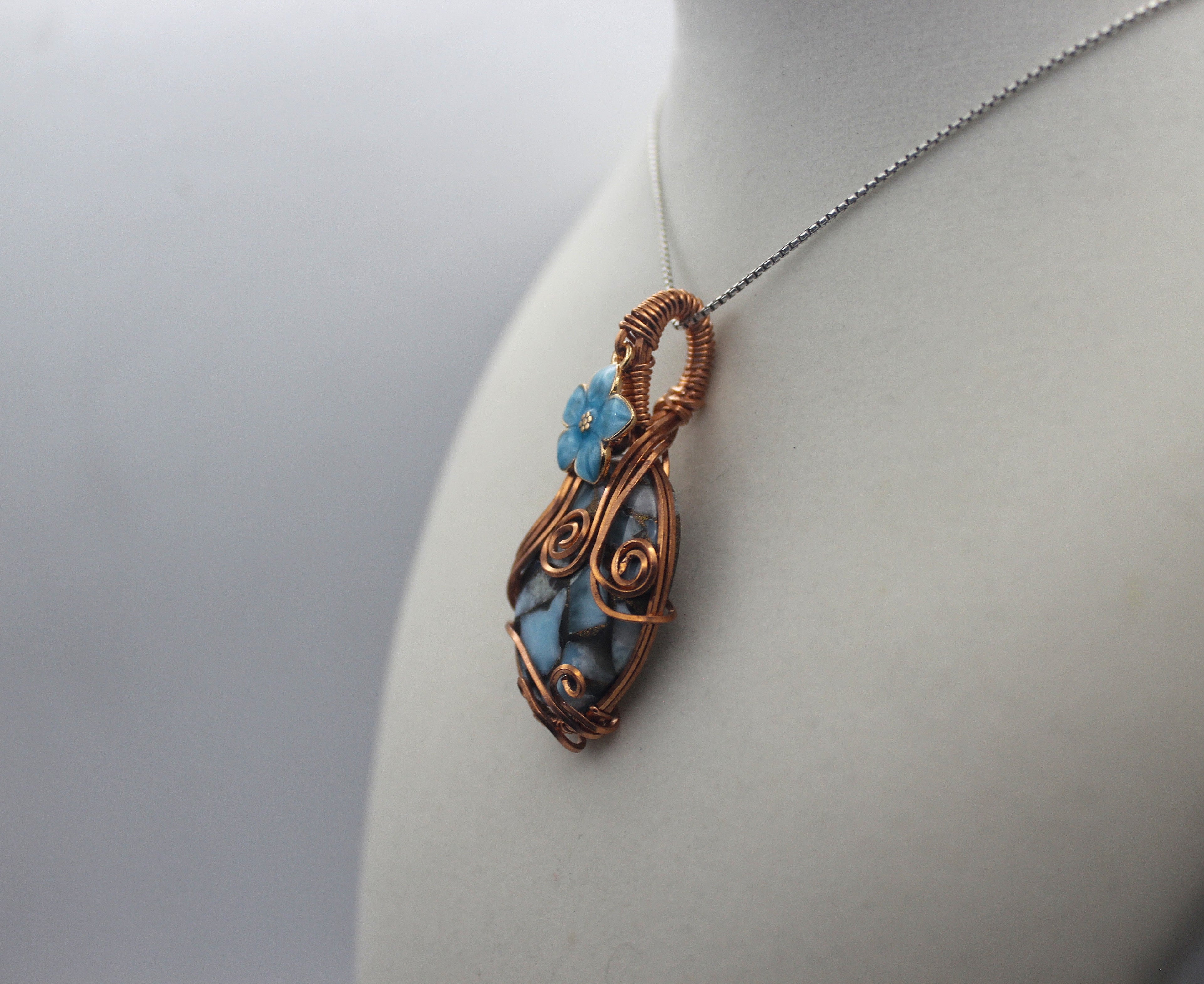 Raw Copper Larimar in Copper Composite Flower Charmed Pendant Necklace