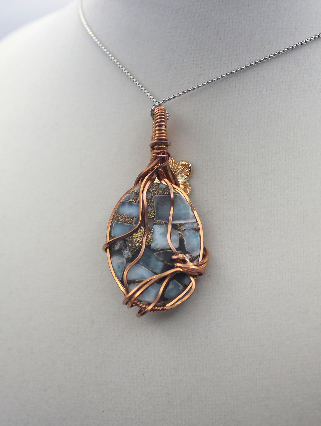Raw Copper Larimar in Copper Composite Flower Charmed Pendant Necklace